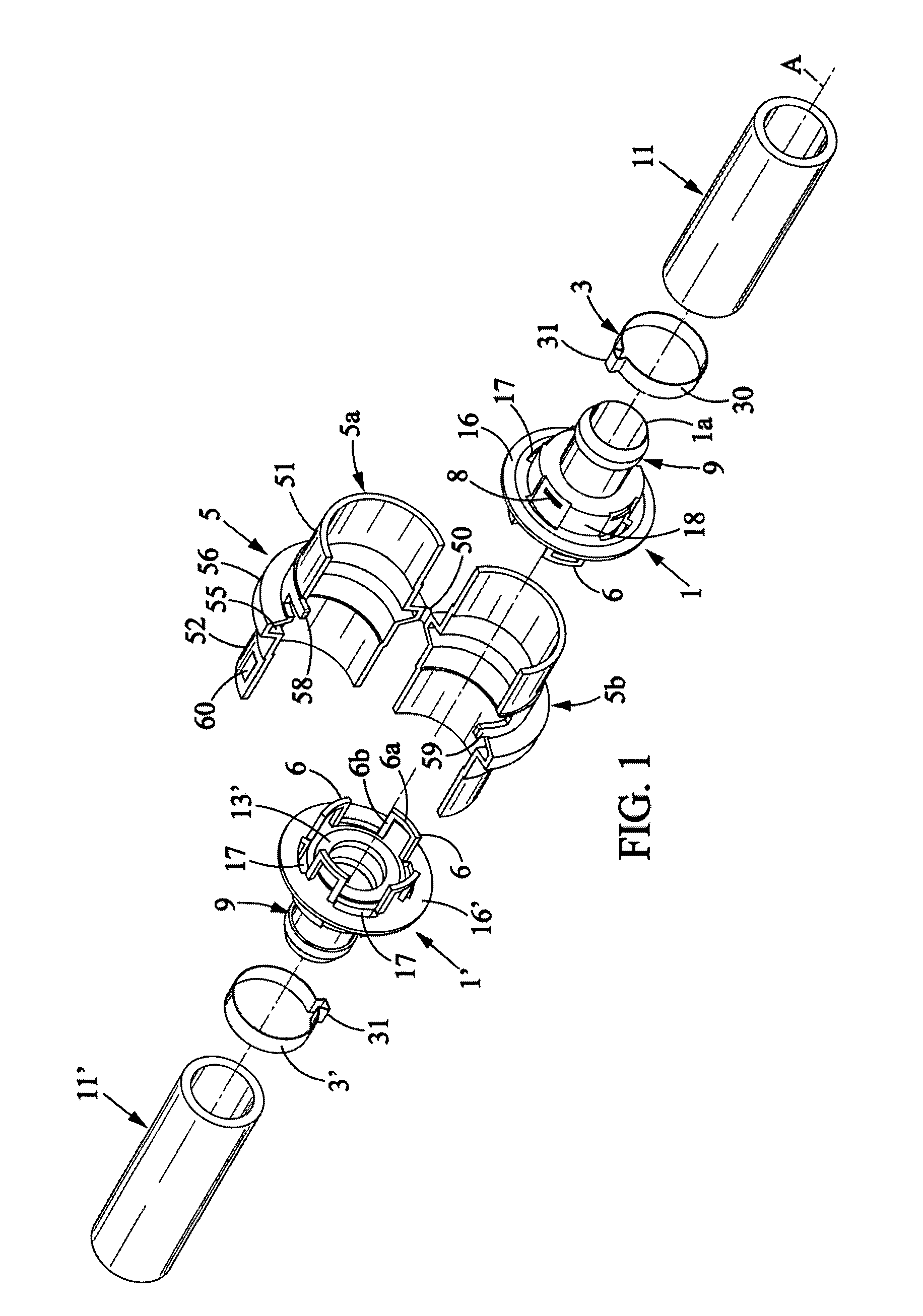 Asexual fluid connector having a clamp and protection