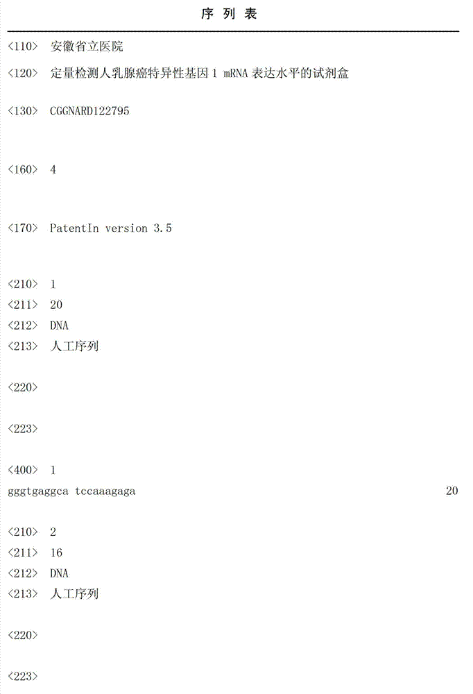 Kit for quantitatively detecting expression level of specific gene 1 mRNA (messenger Ribonucleic Acid) in human breast cancer