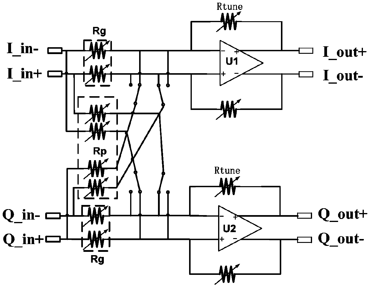 iq mismatch self-calibrating programmable gain amplifier, calibration method and application