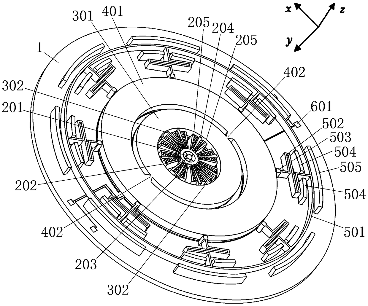 Singlechip three-axis MEMS gyroscope based on wheel-ring mode