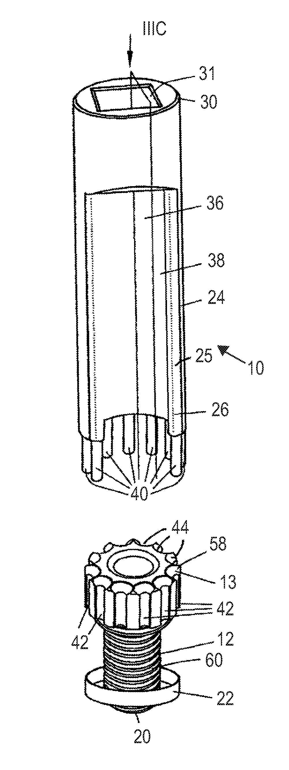 Tightening tool for a screw element having a line, and coupling part and screw element