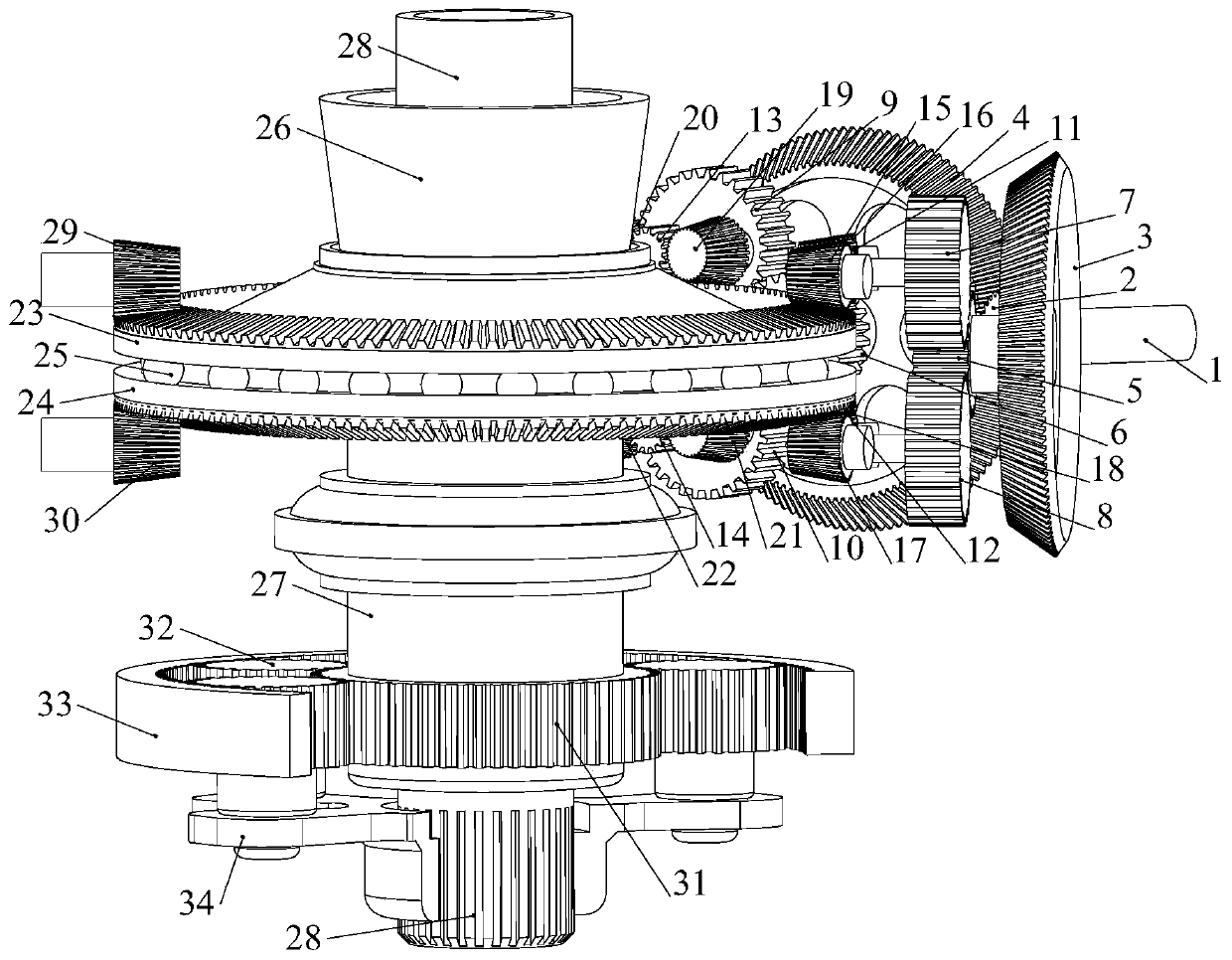 Bevel gear configuration coaxial double-rotor variable-speed transmission mechanism