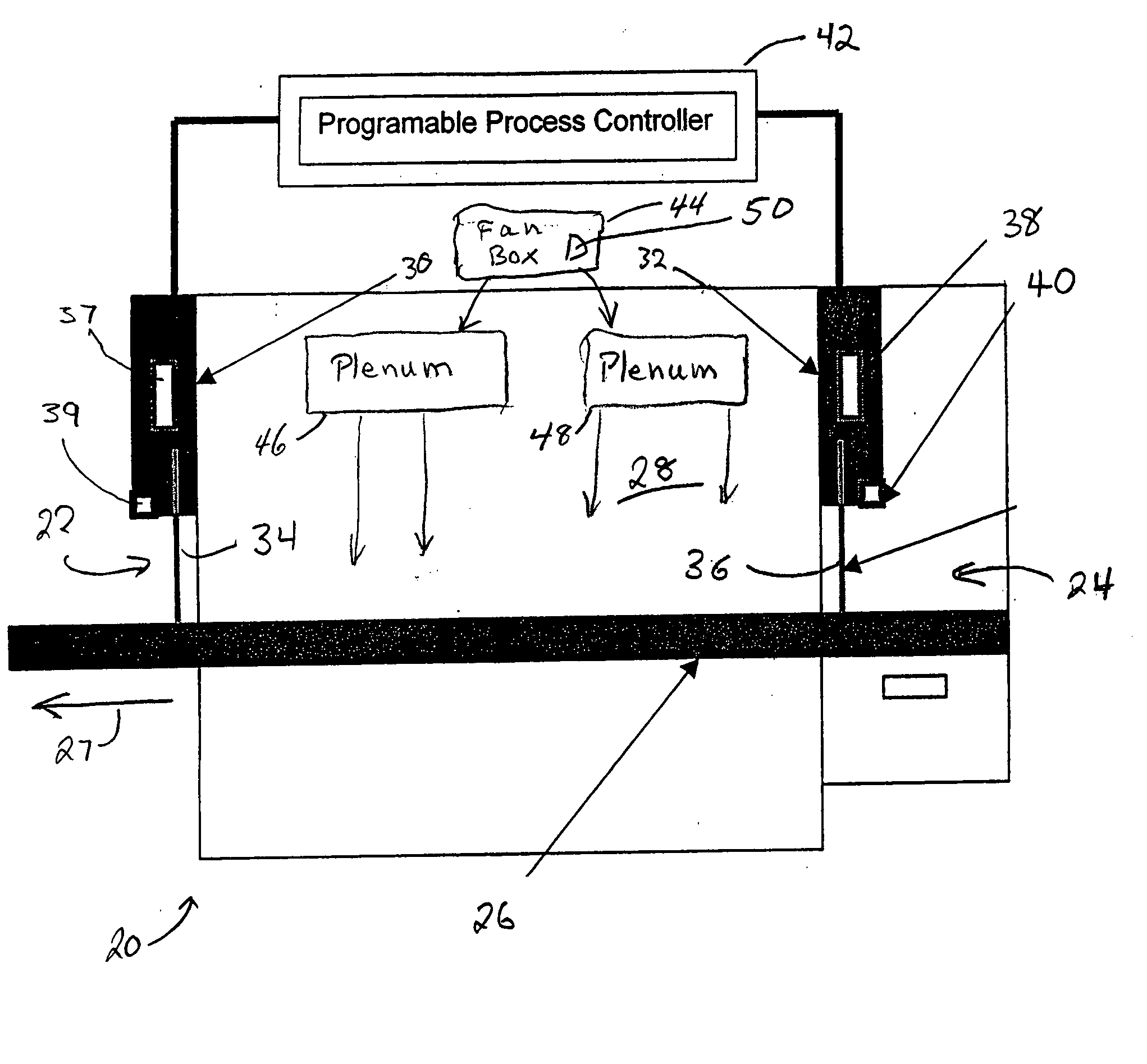 Conveyor oven with energy saving baffle mechanism and method