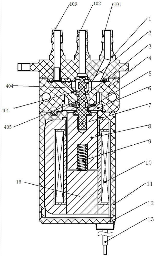 Three-way D-shaped electromagnetic valve and application method thereof