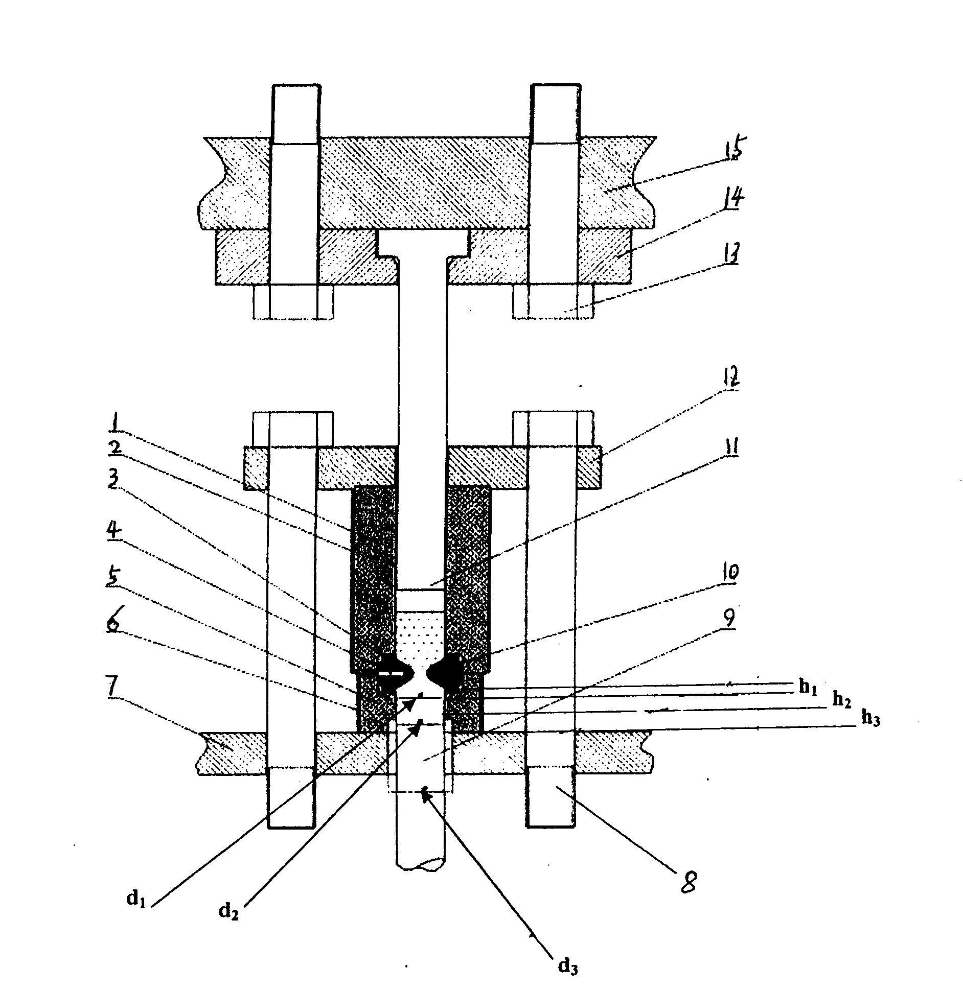 A method of producing particle reinforced aluminum-base compound material continuously by using extrusion-upsetting and device thereof