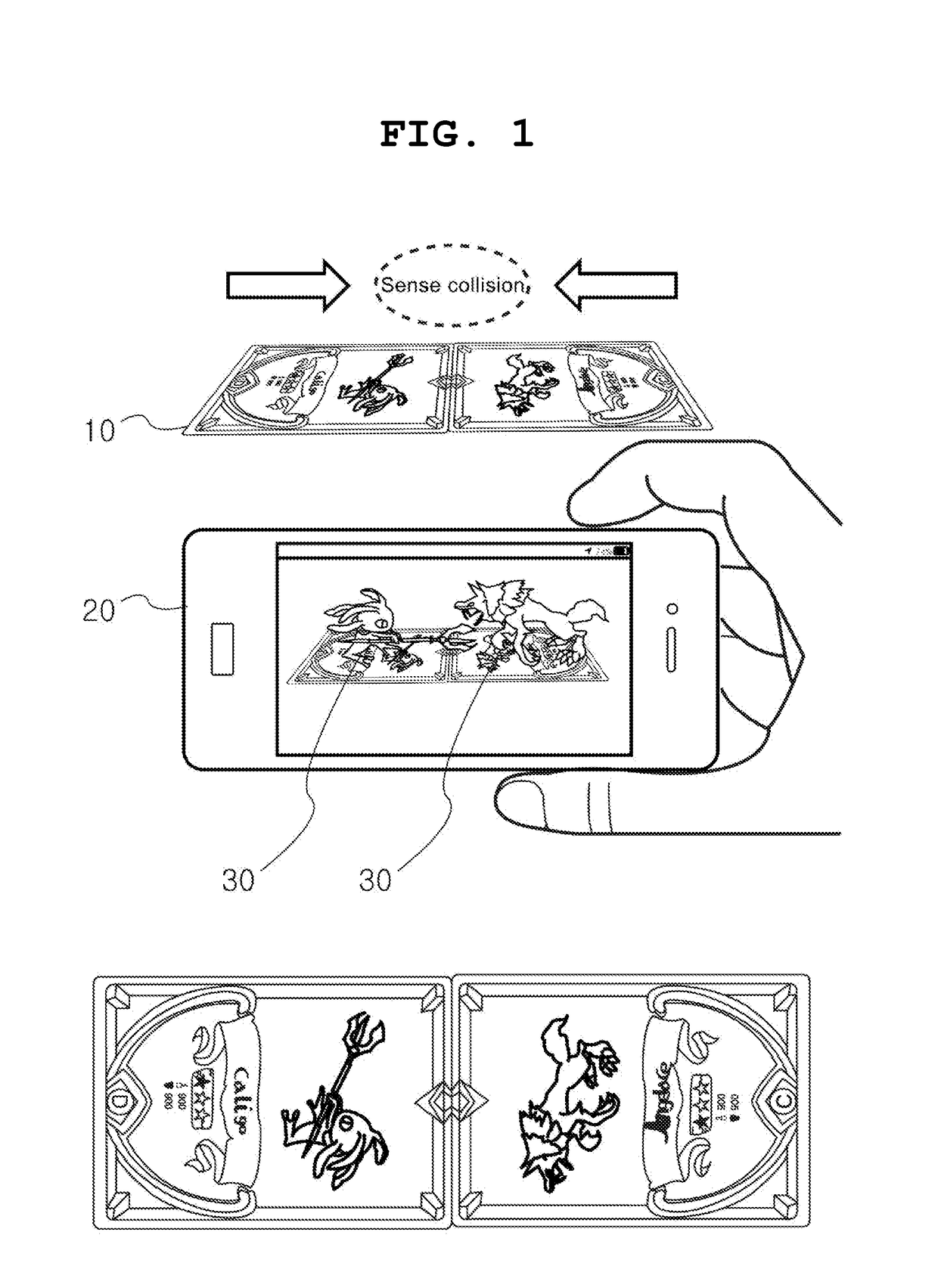 Data processing method for reactive augmented reality card game and reactive augmented reality card game play device, by checking collision between virtual objects