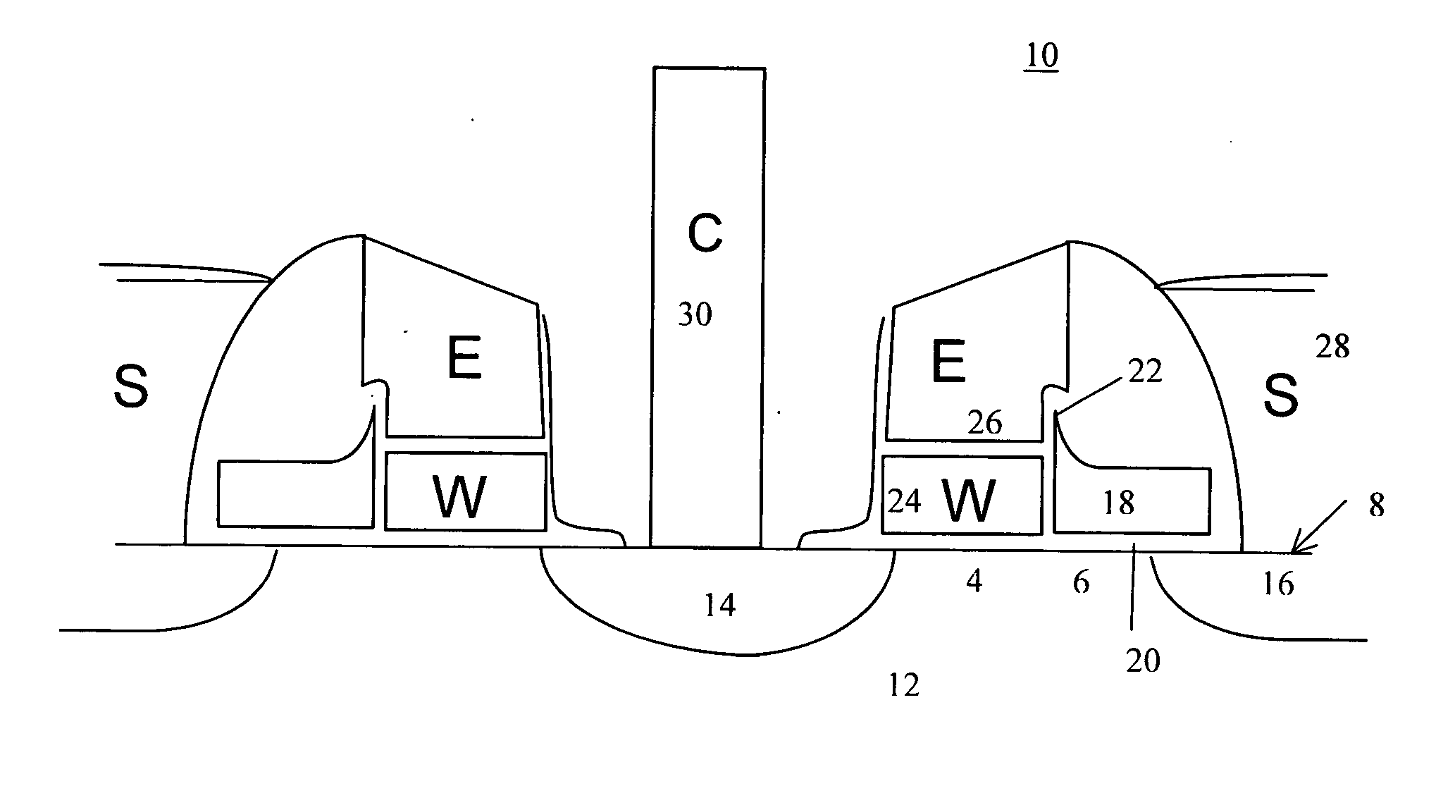 Nonvolatile memory cell having floating gate, control gate and separate erase gate, an array of such memory cells, and method of manufacturing