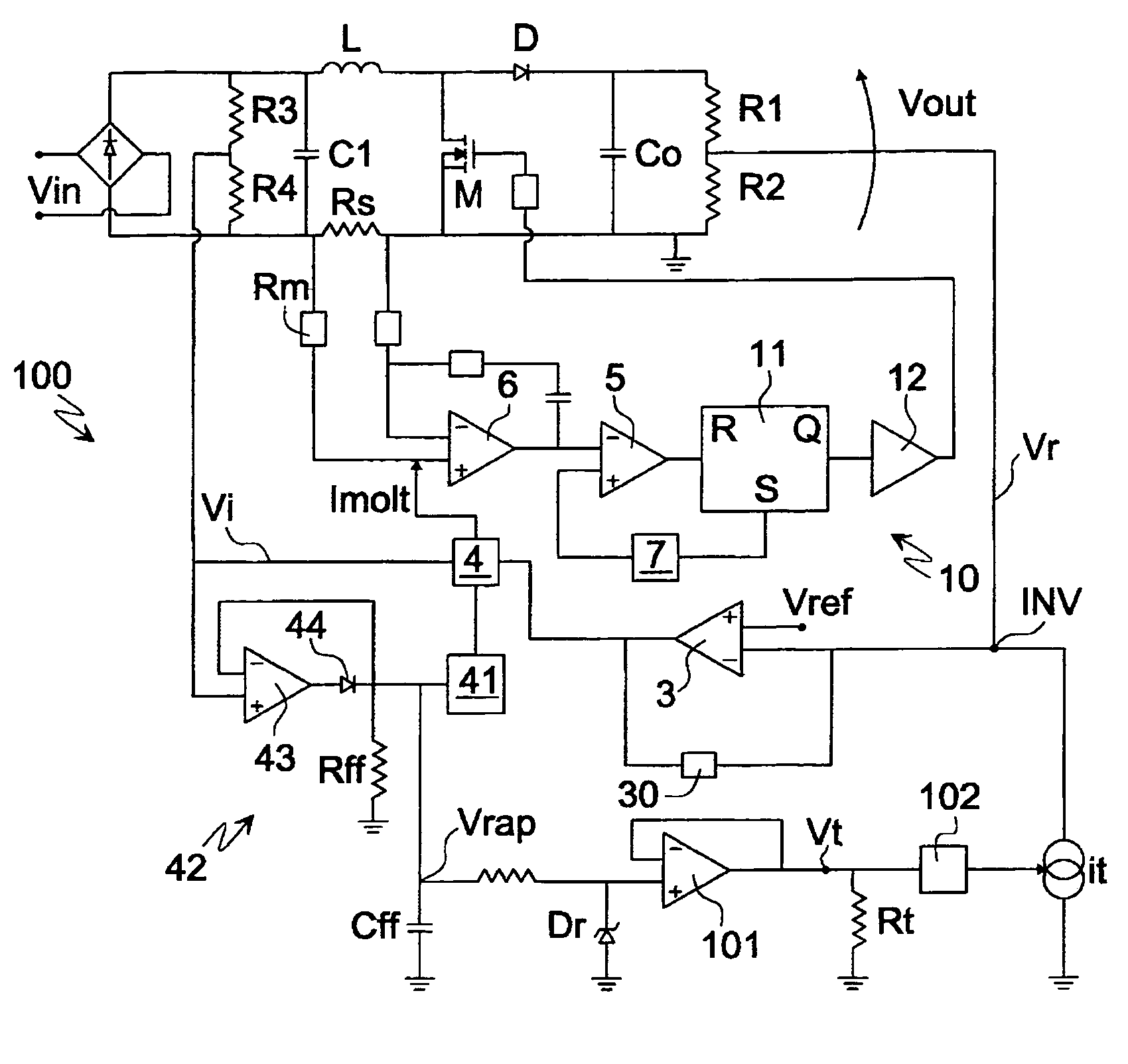 Device for power factor correction in forced switching power supply units