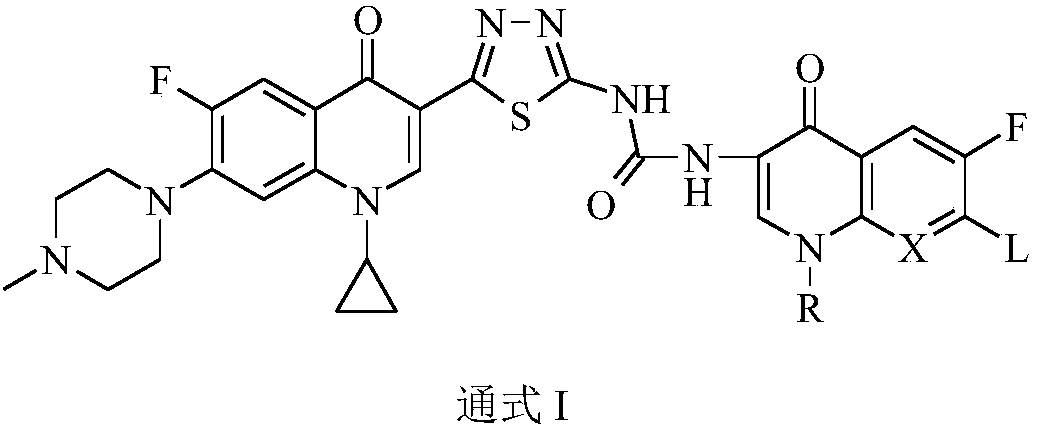 Preparation and application of bis-fluoroquinolone thiadiazole ureas N-methyl ciprofloxacin derivative