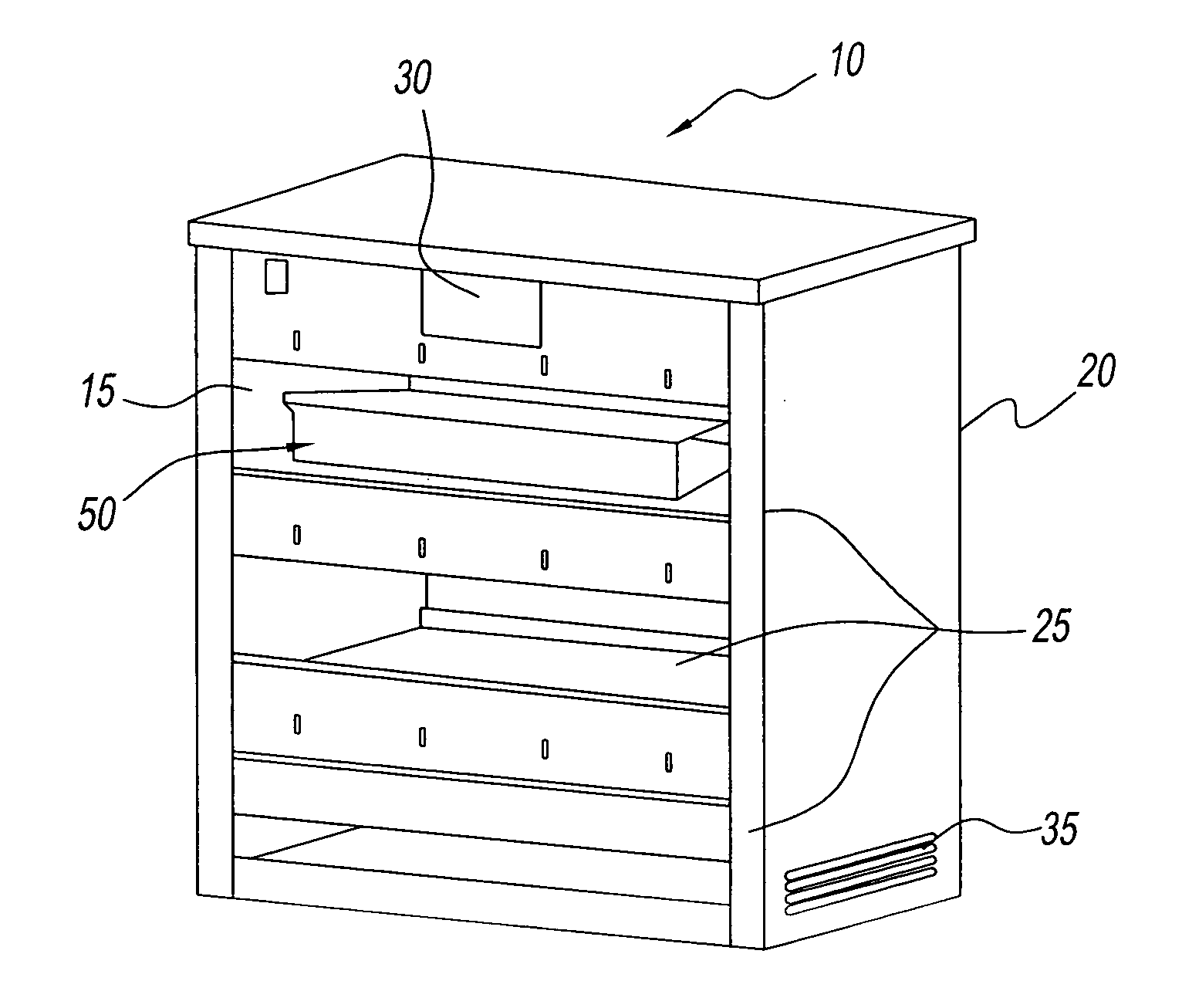 Open holding cabinet, trays and controls