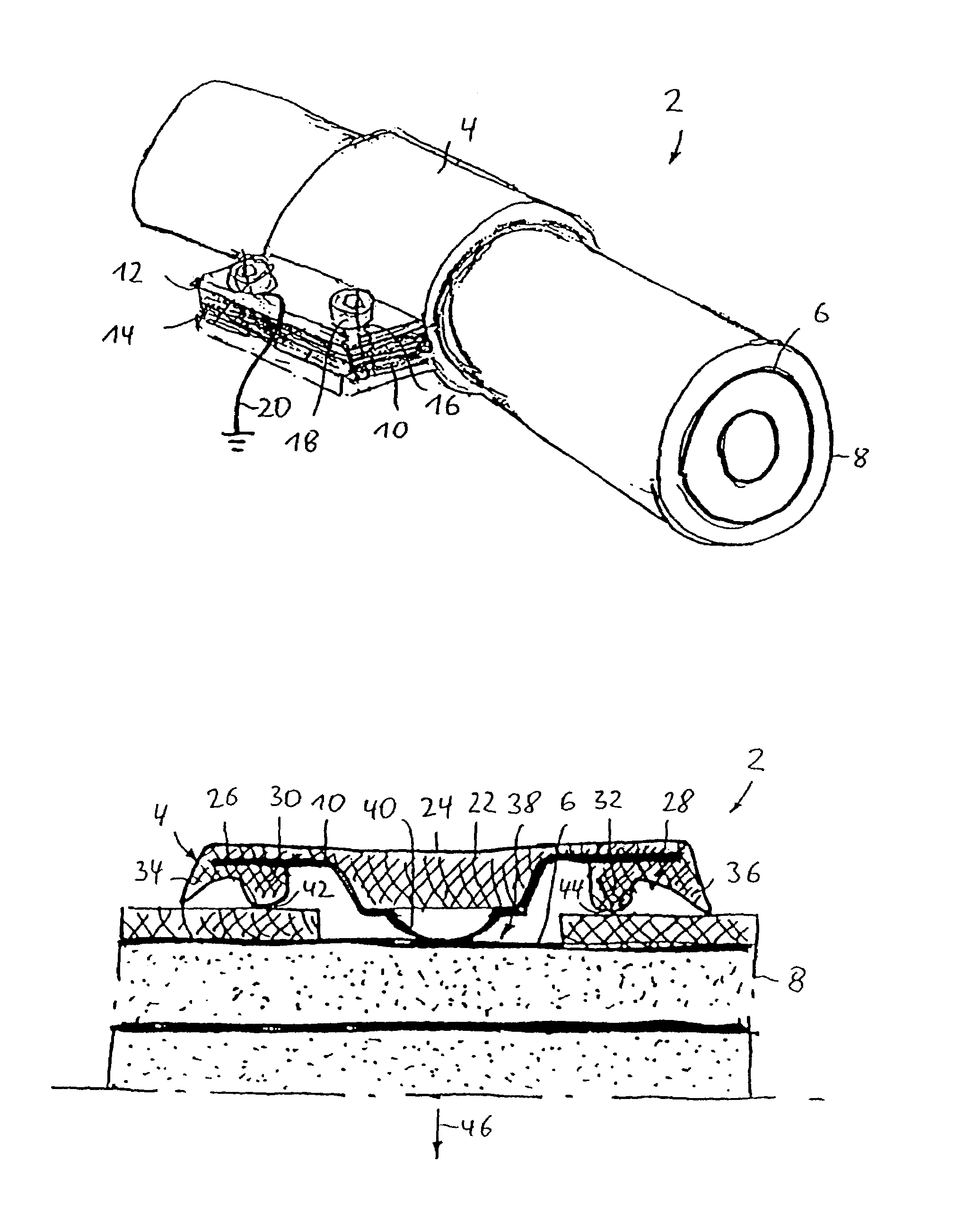 Device for contacting in particular elongated, illustratively substantially cylindrical bodies such as cables or pipes/tubes