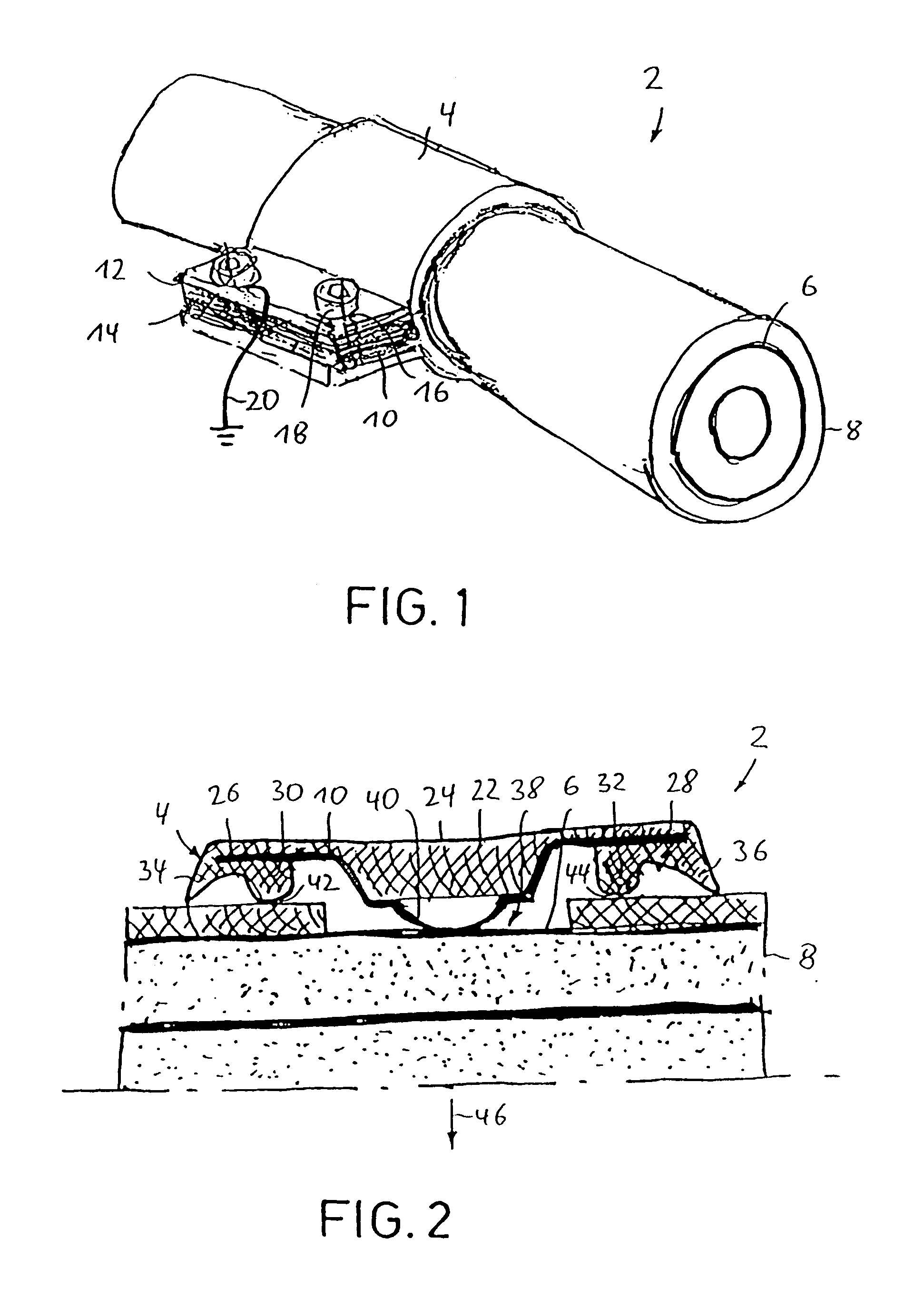 Device for contacting in particular elongated, illustratively substantially cylindrical bodies such as cables or pipes/tubes