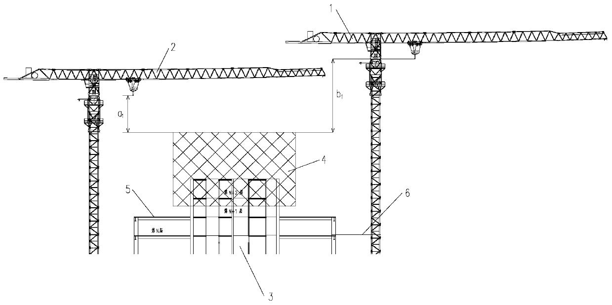 A staggered construction method of floor-mounted tower cranes attached to the structure of super high-rise buildings