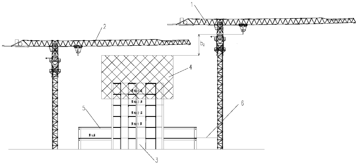 A staggered construction method of floor-mounted tower cranes attached to the structure of super high-rise buildings