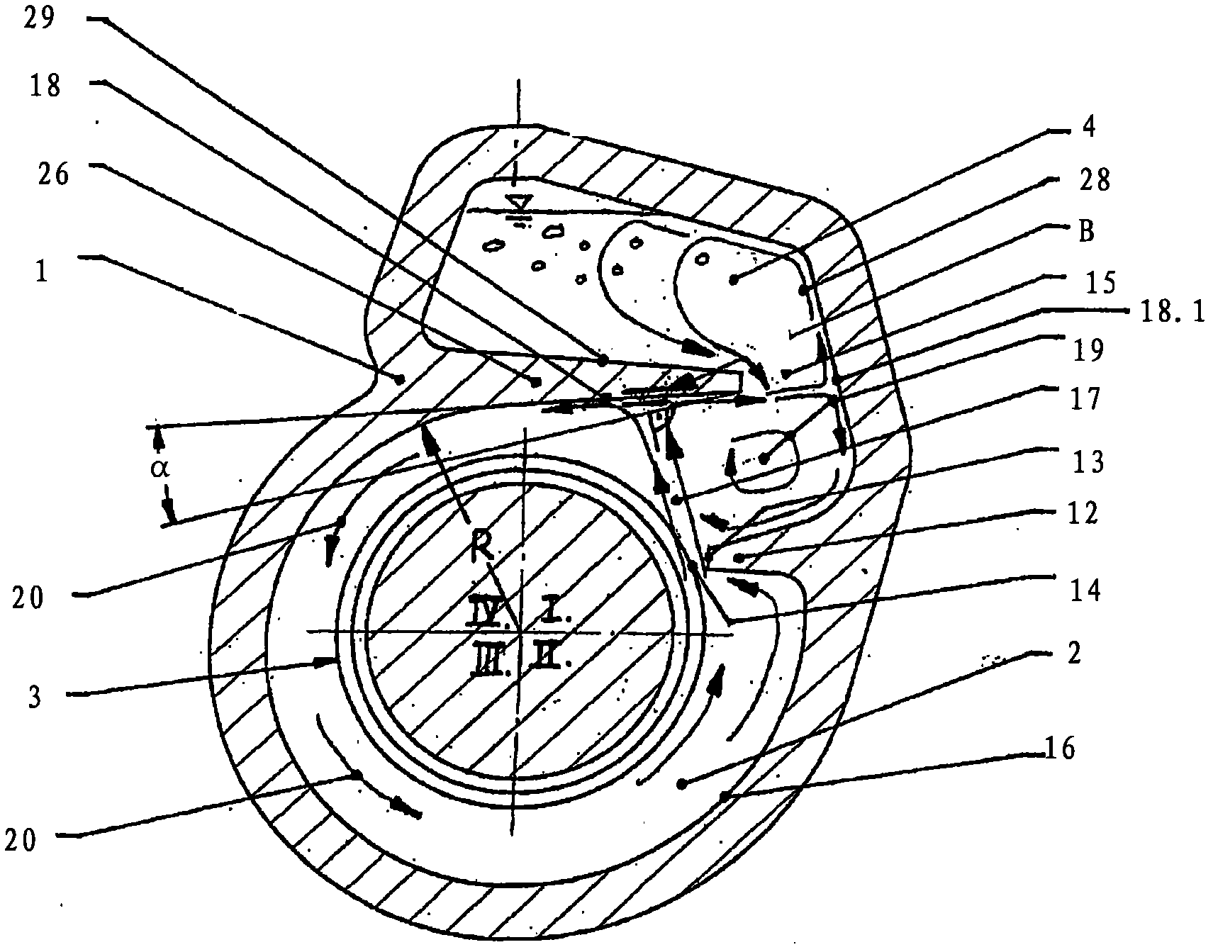 Degassing device for liquid-filled chambers with rotating components