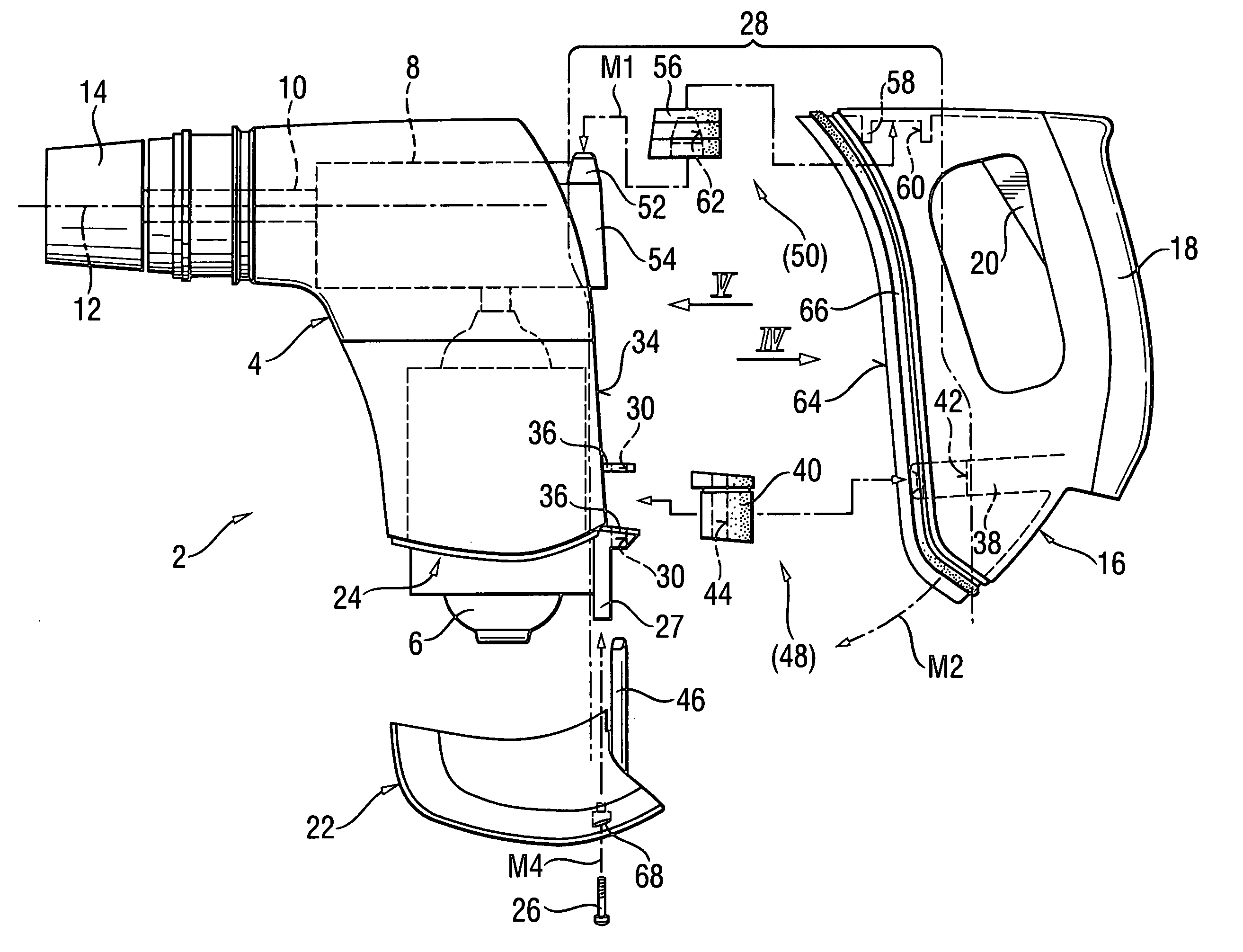 Hand-held power tool having main and handle housings with a connection device for connecting the housings