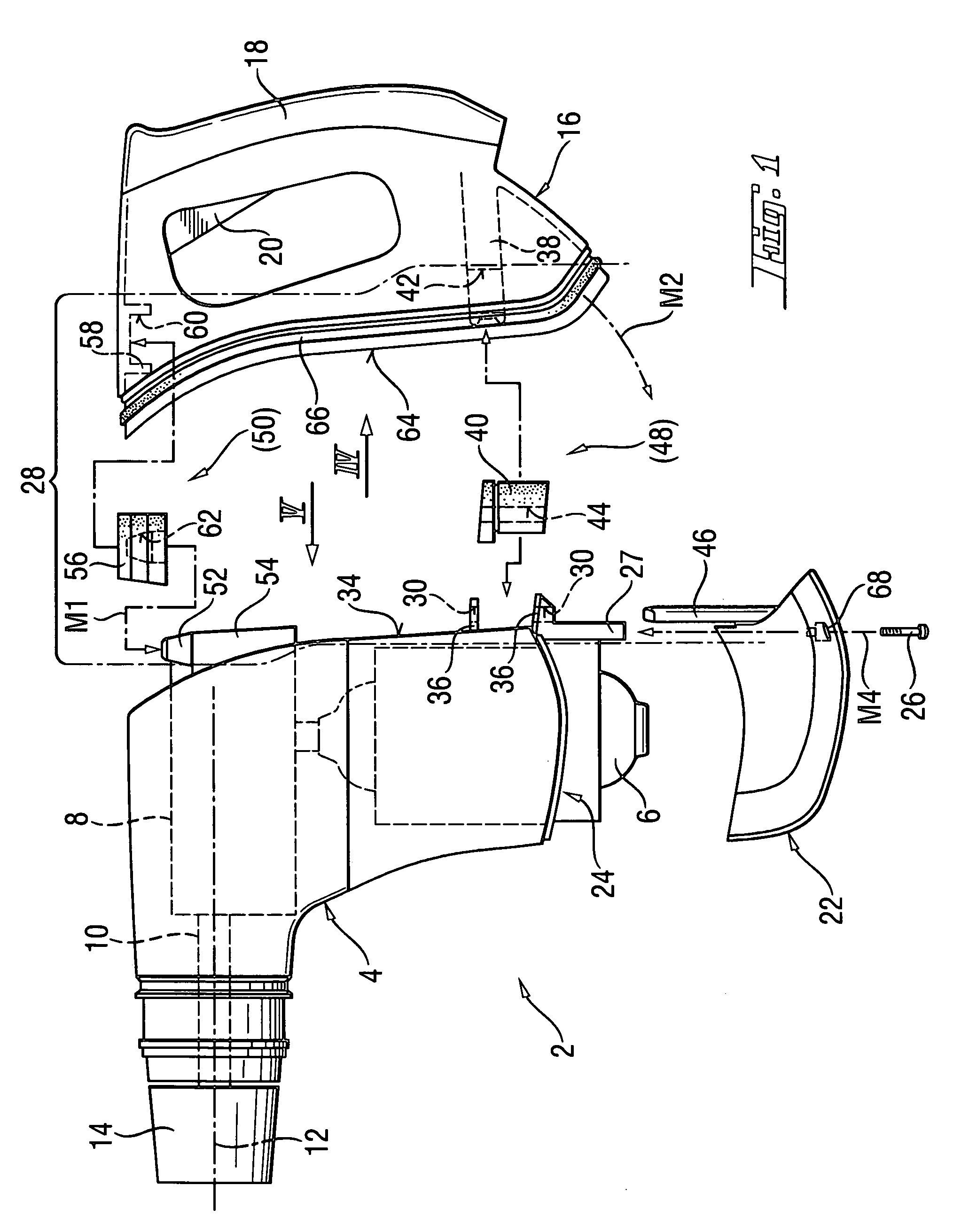 Hand-held power tool having main and handle housings with a connection device for connecting the housings