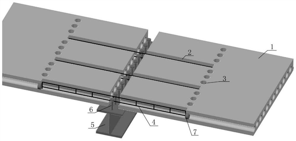 Slab end slotted hole SP hollow laminated slab-steel beam connecting structure and construction method thereof