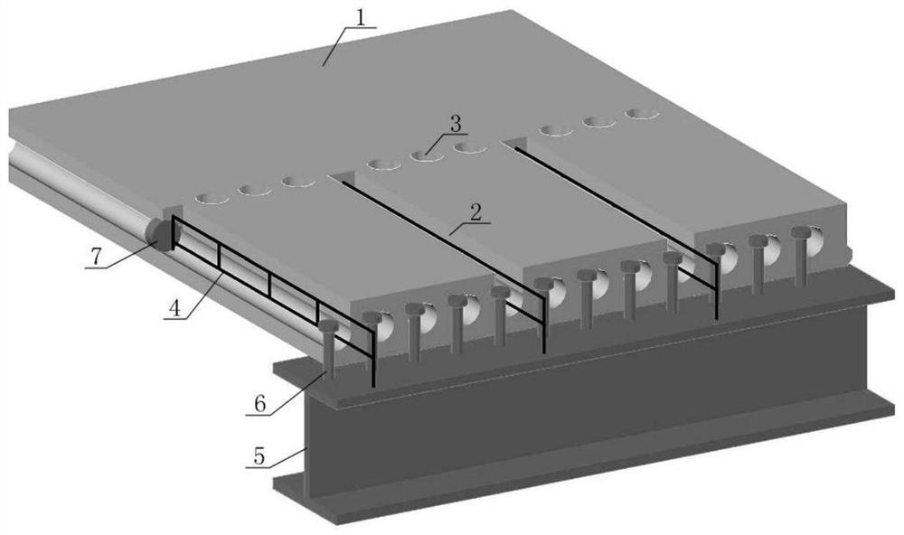 Slab end slotted hole SP hollow laminated slab-steel beam connecting structure and construction method thereof