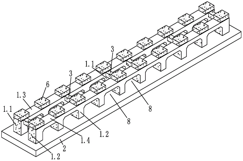 Medium-and-low speed magnetic levitation railway low route continuous framework type bearing rail beam structure and construction method