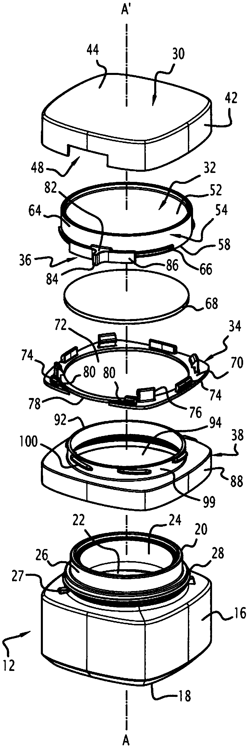 Closing assembly for a container intended for containing a product, related packaging device and process