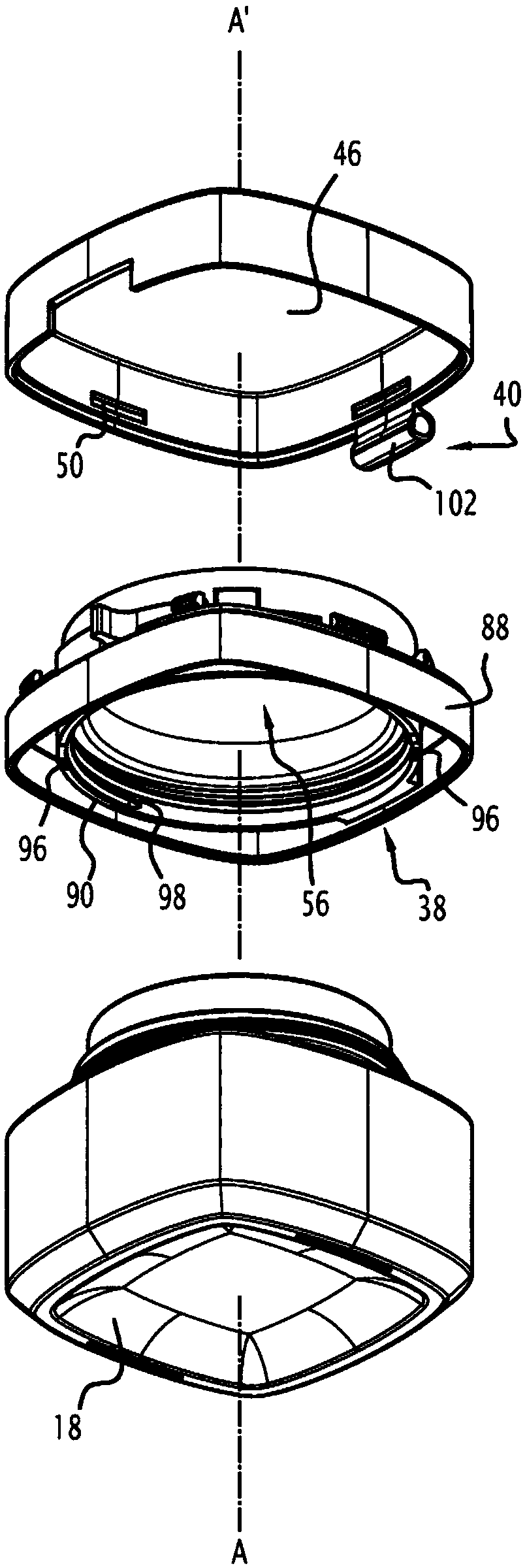 Closing assembly for a container intended for containing a product, related packaging device and process