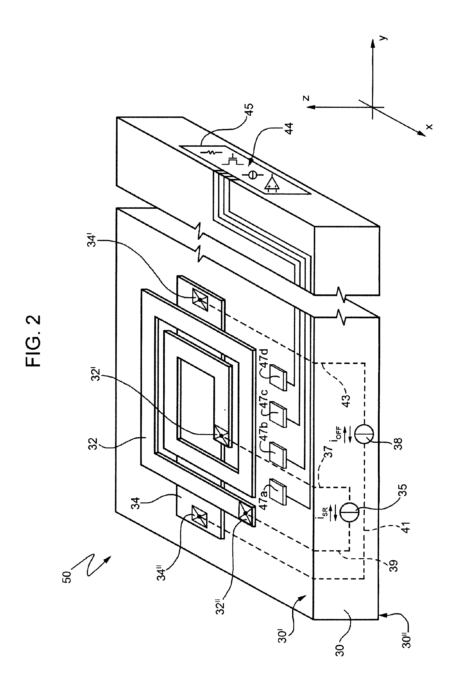 Magnetoresistive sensor with reduced parasitic capacitance, and method