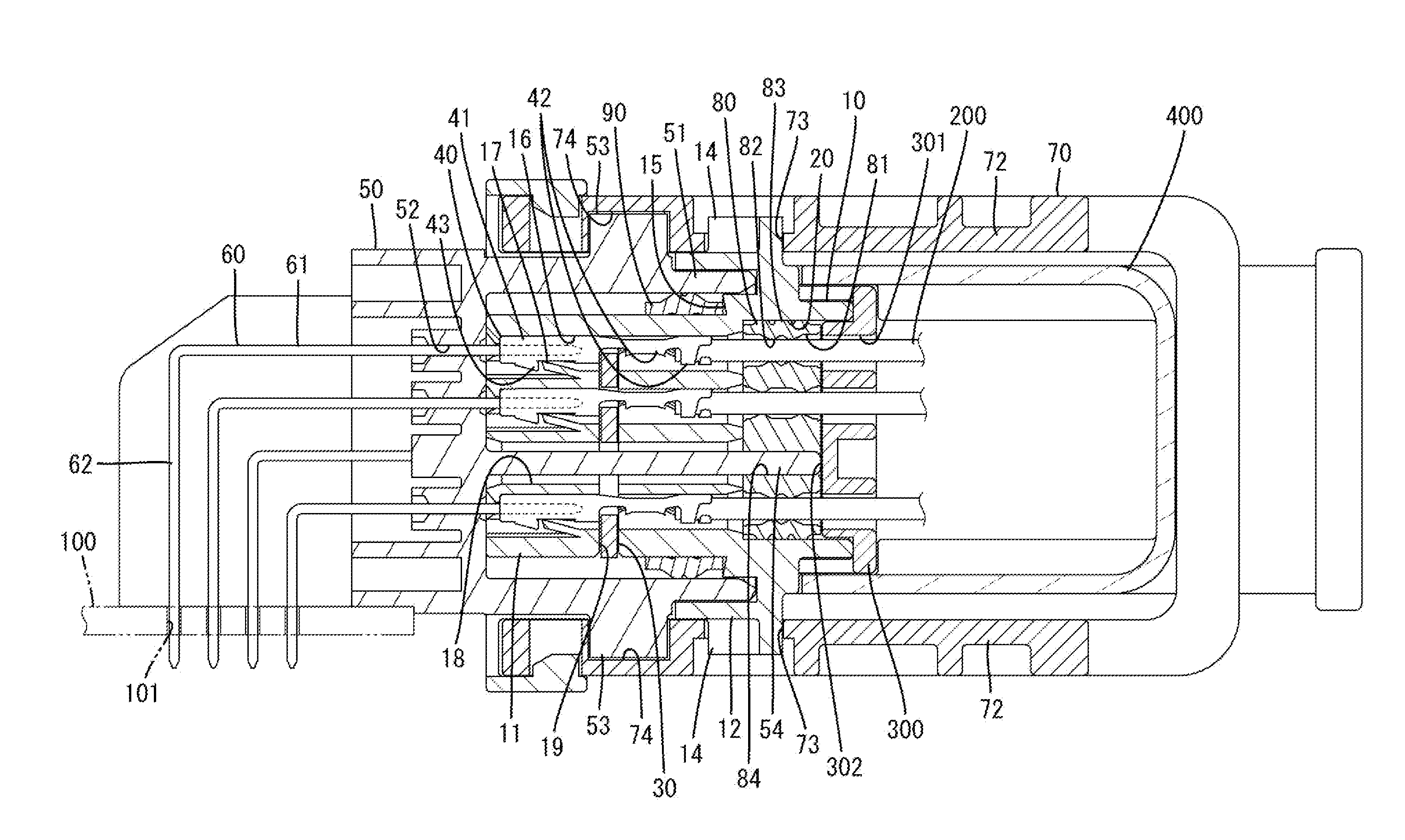 Connector with rubber plug having insertion hole to receive part of mating housing that deforms plug toward wire