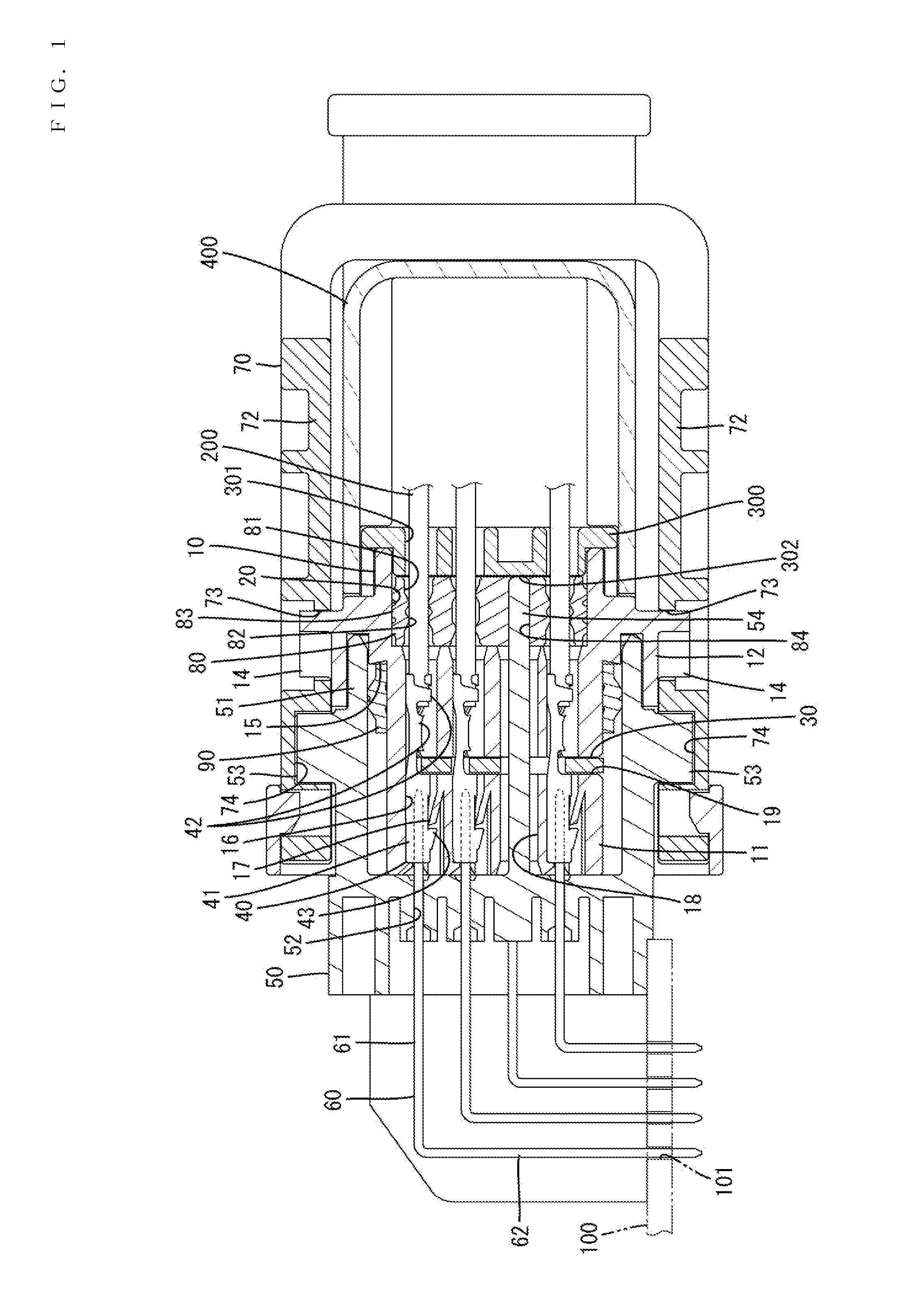 Connector with rubber plug having insertion hole to receive part of mating housing that deforms plug toward wire