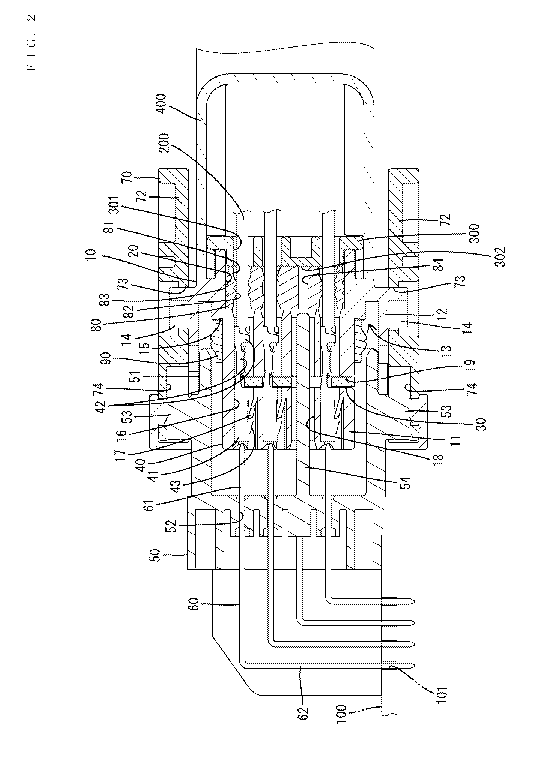 Connector with rubber plug having insertion hole to receive part of mating housing that deforms plug toward wire