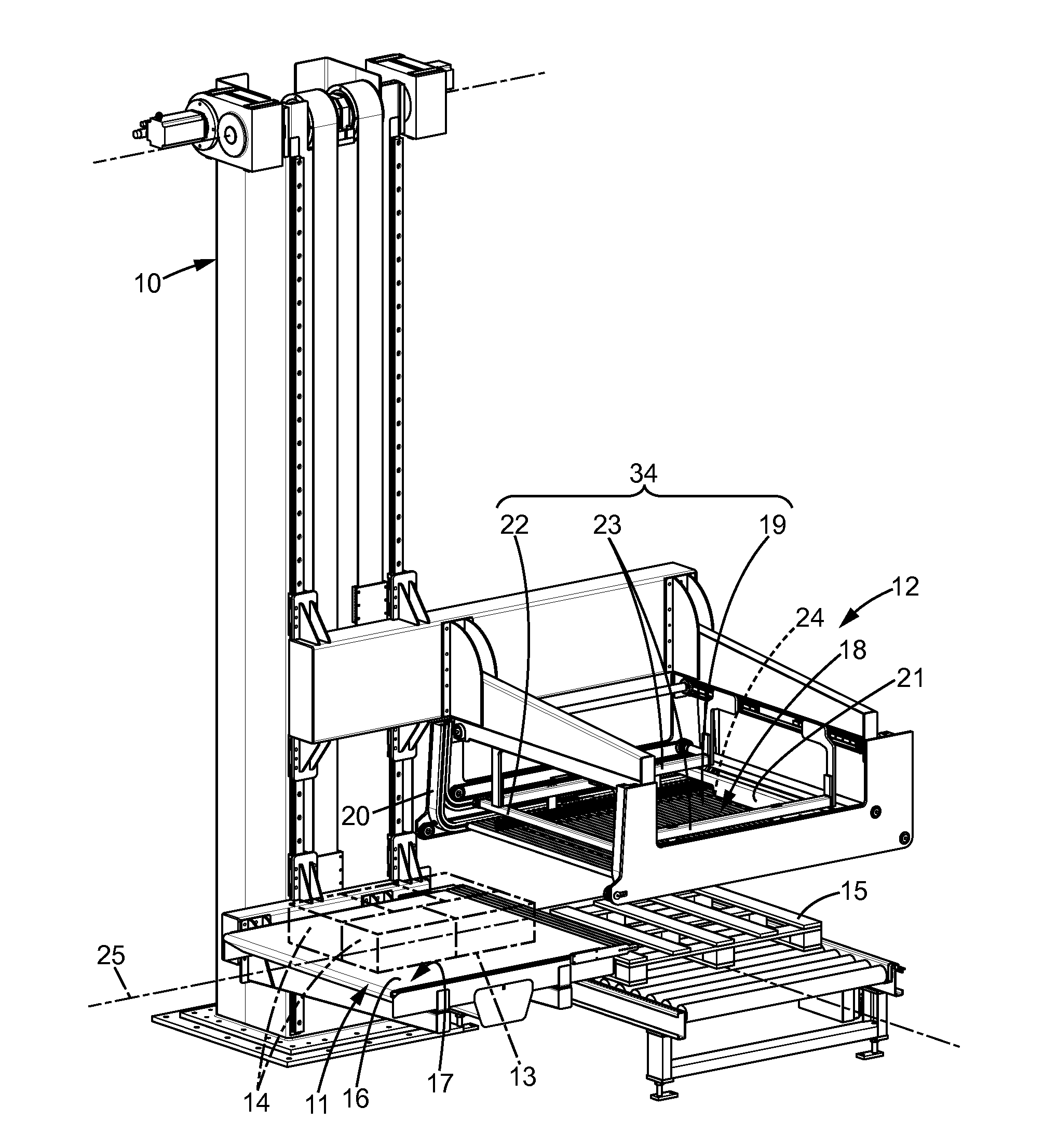 Palletizer, palletizing method, and transfer of a layer of objects by palletizer from a conveyor to a layer depositing tool
