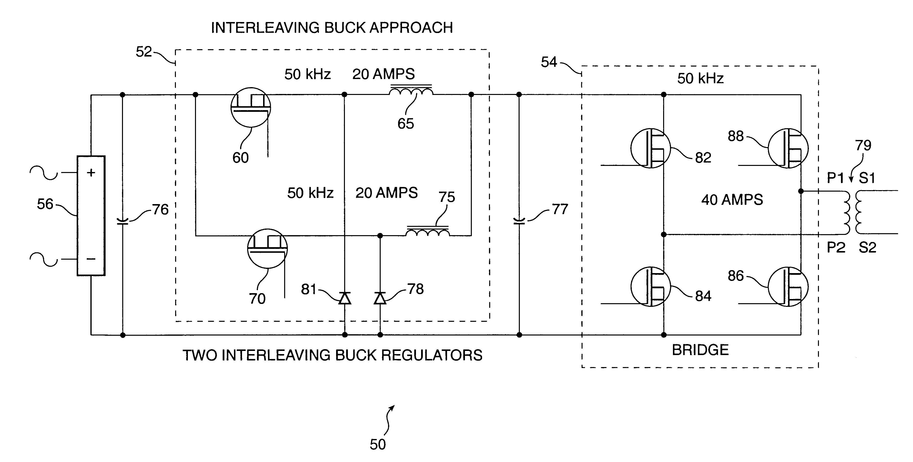 Two stage power converter with interleaved buck regulators