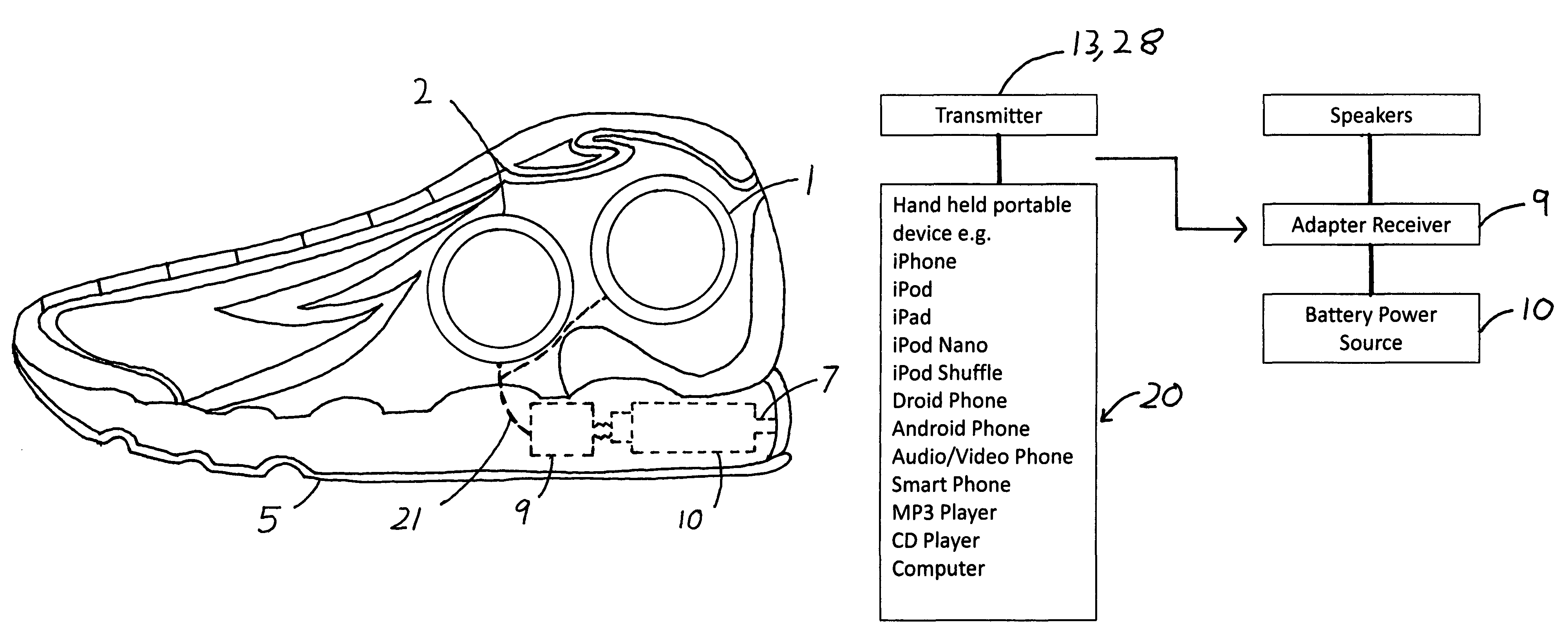 Speaker shoes with audio adapter receiver