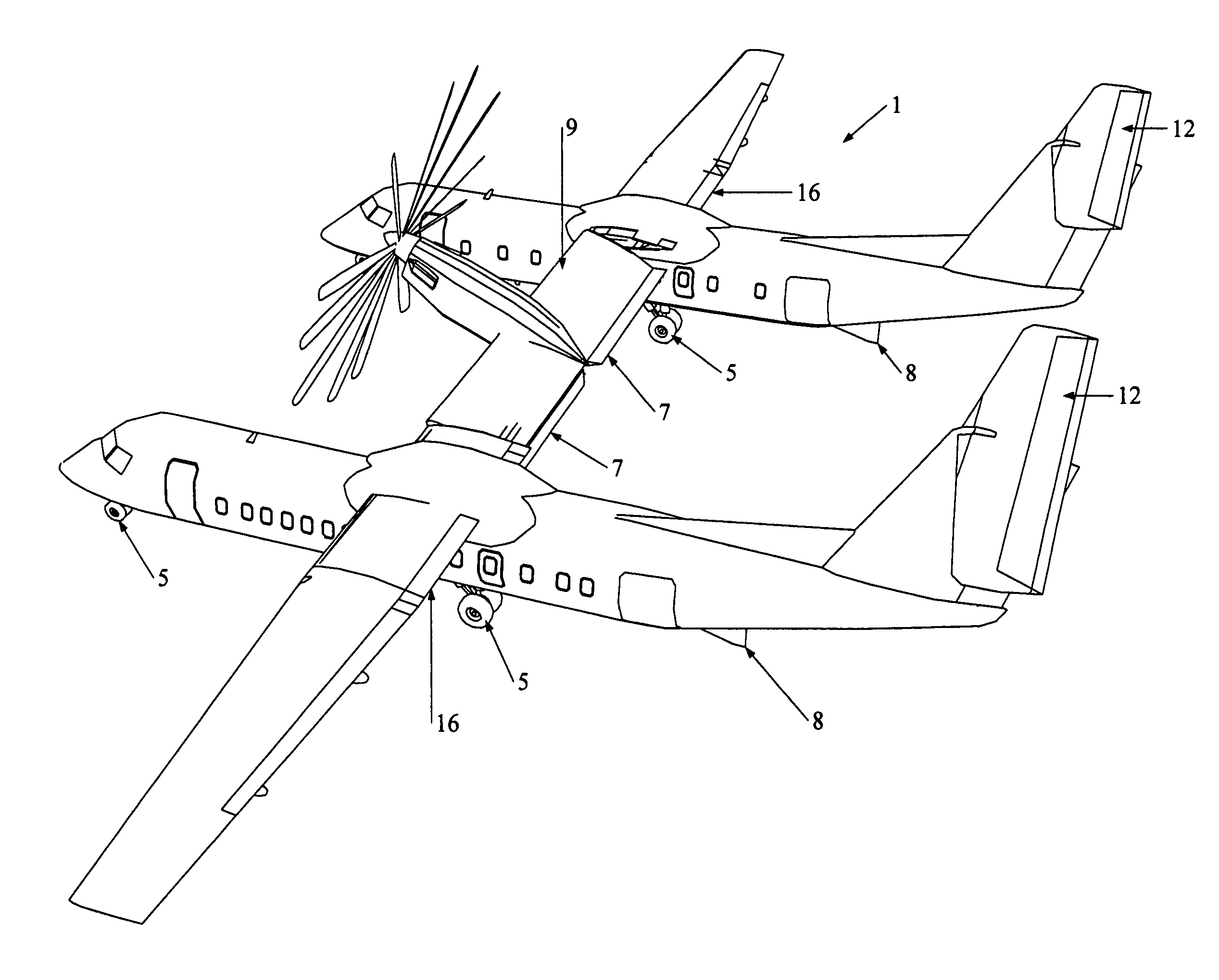 VTOL twin fuselage amphibious aircraft with tilt-center wing, engine and rotor