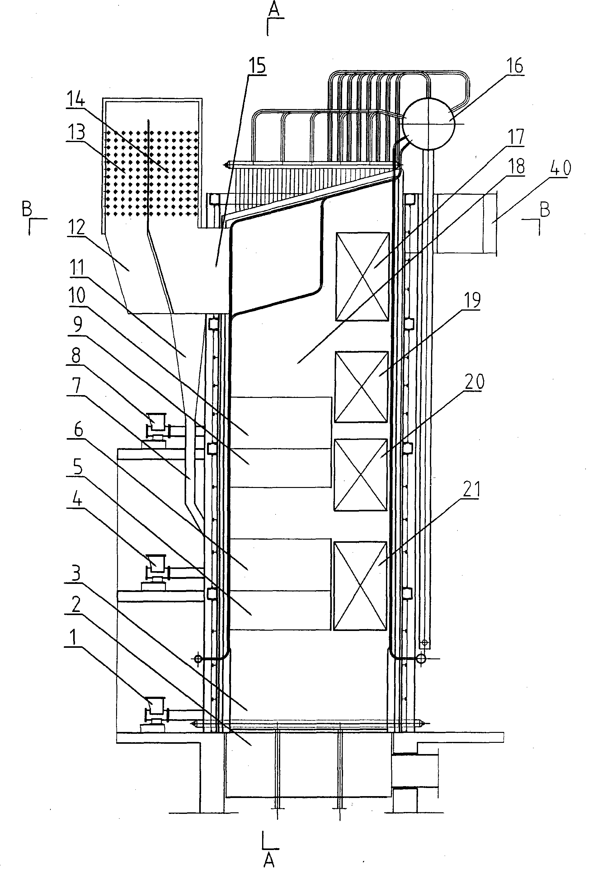 Composite-bed low circulation fluidized bed boiler