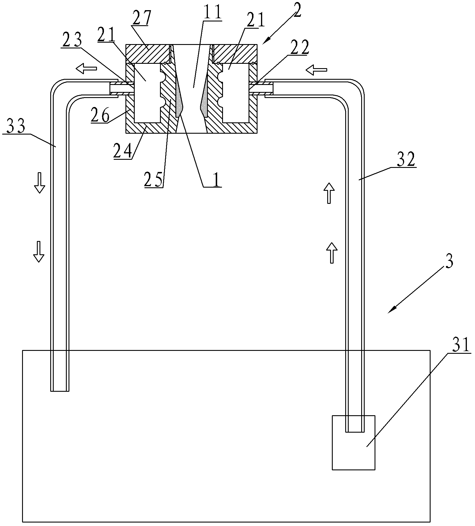 Water-cooled stranding device used in the stranding production of cable conductive cores