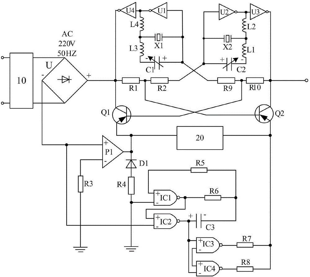 Compound protection type logic amplification type double-buffering driving power supply used for power failure detection