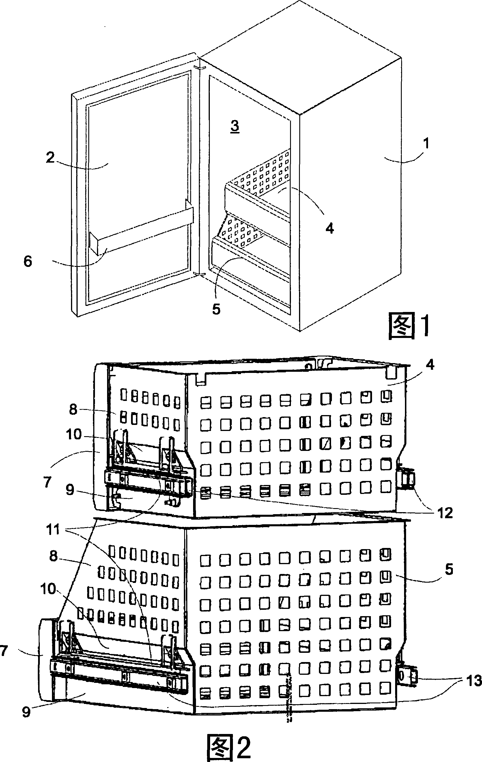 Refrigerating device with pull-out carrier for refrigerated goods