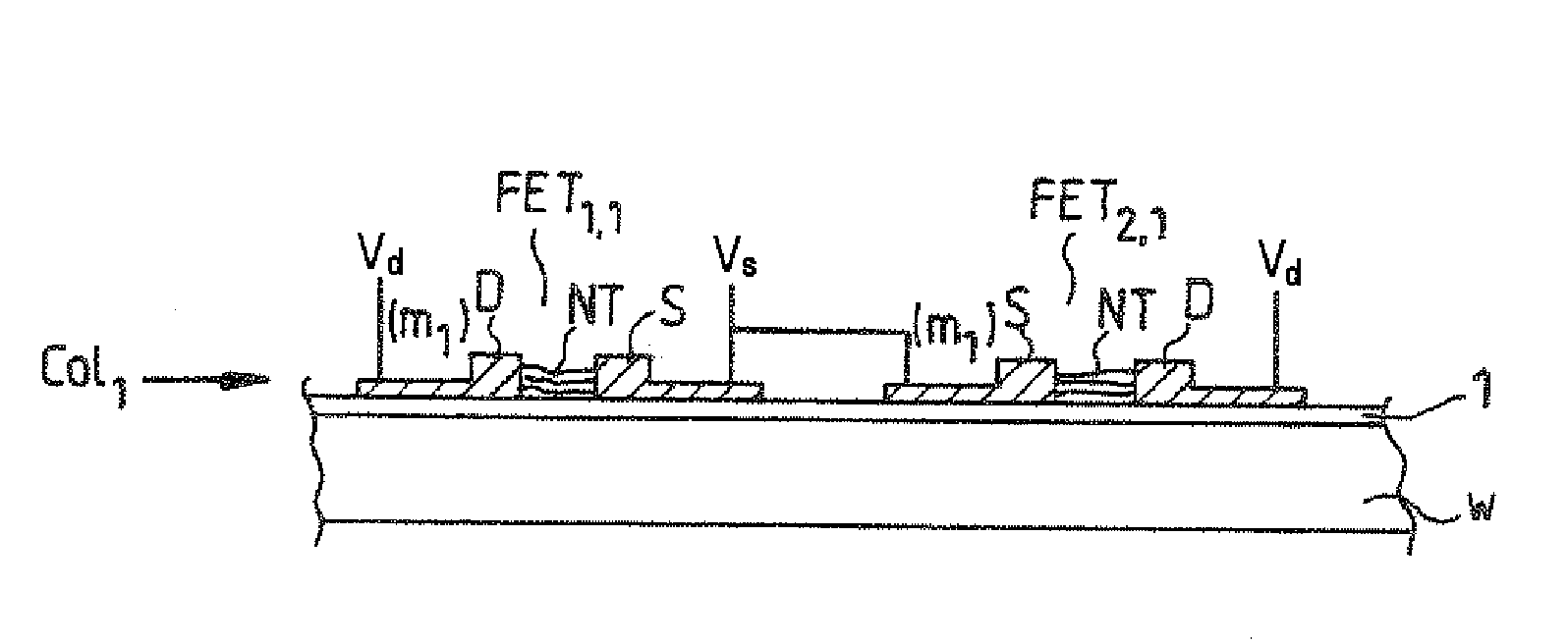Array of Fet Transistors Having a Nanotube or Nanowire Semiconductor Element and Corresponding Electronic Device, For the Detection of Analytes