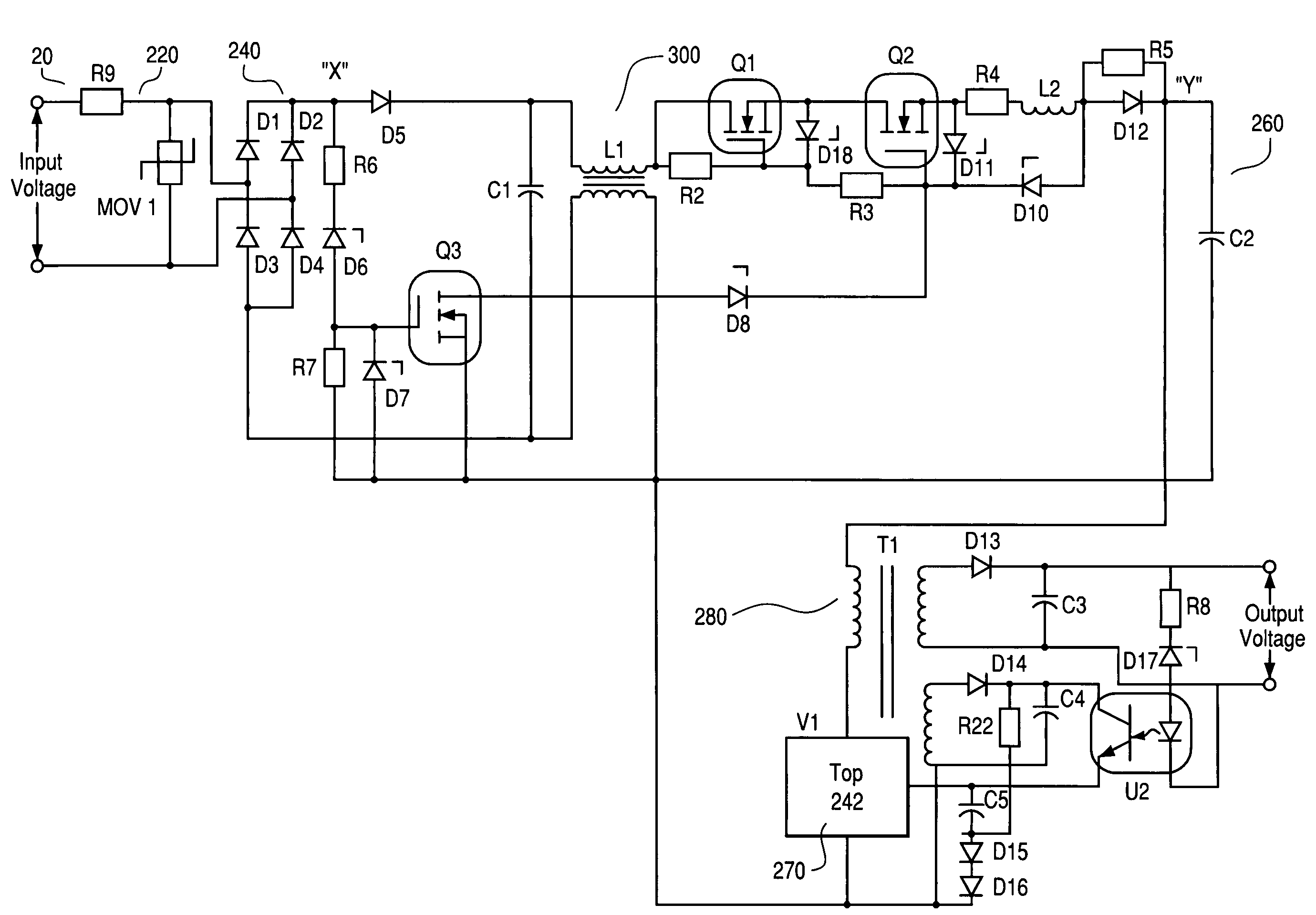 Power supply for an electric meter having a high-voltage regulator that limits the voltage applied to certain components below the normal operating input voltage