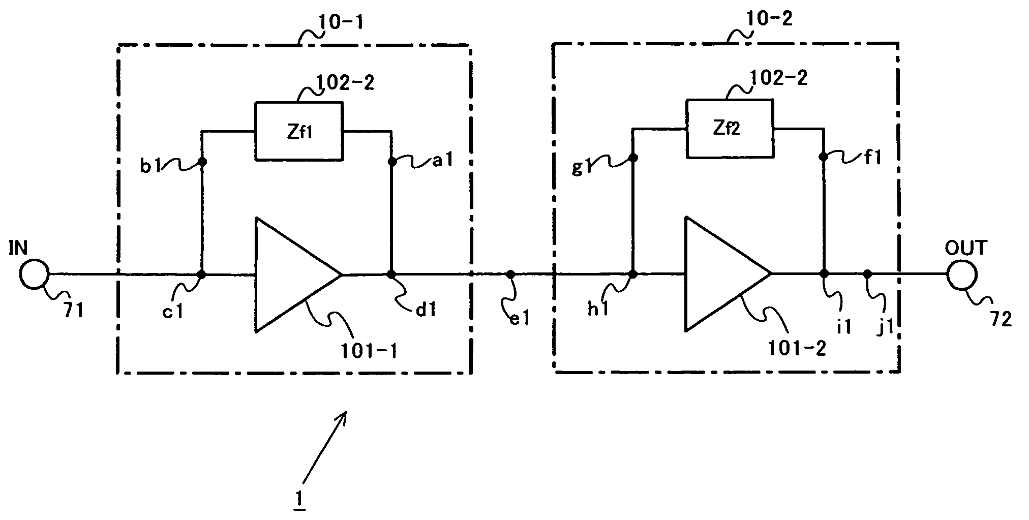 Multistage amplifying devices, and reception device and transmission device using the same