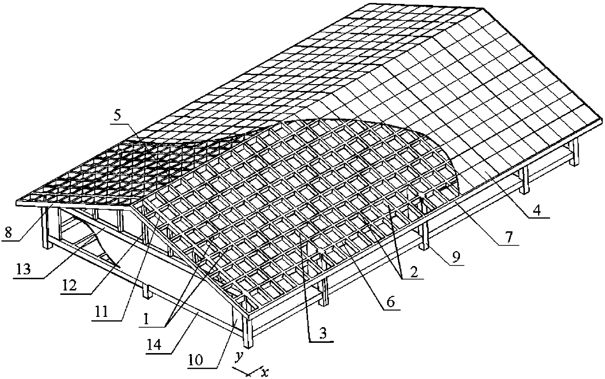 Fabricated longspan concrete double-slope net shell roof framework and manufacturing method thereof