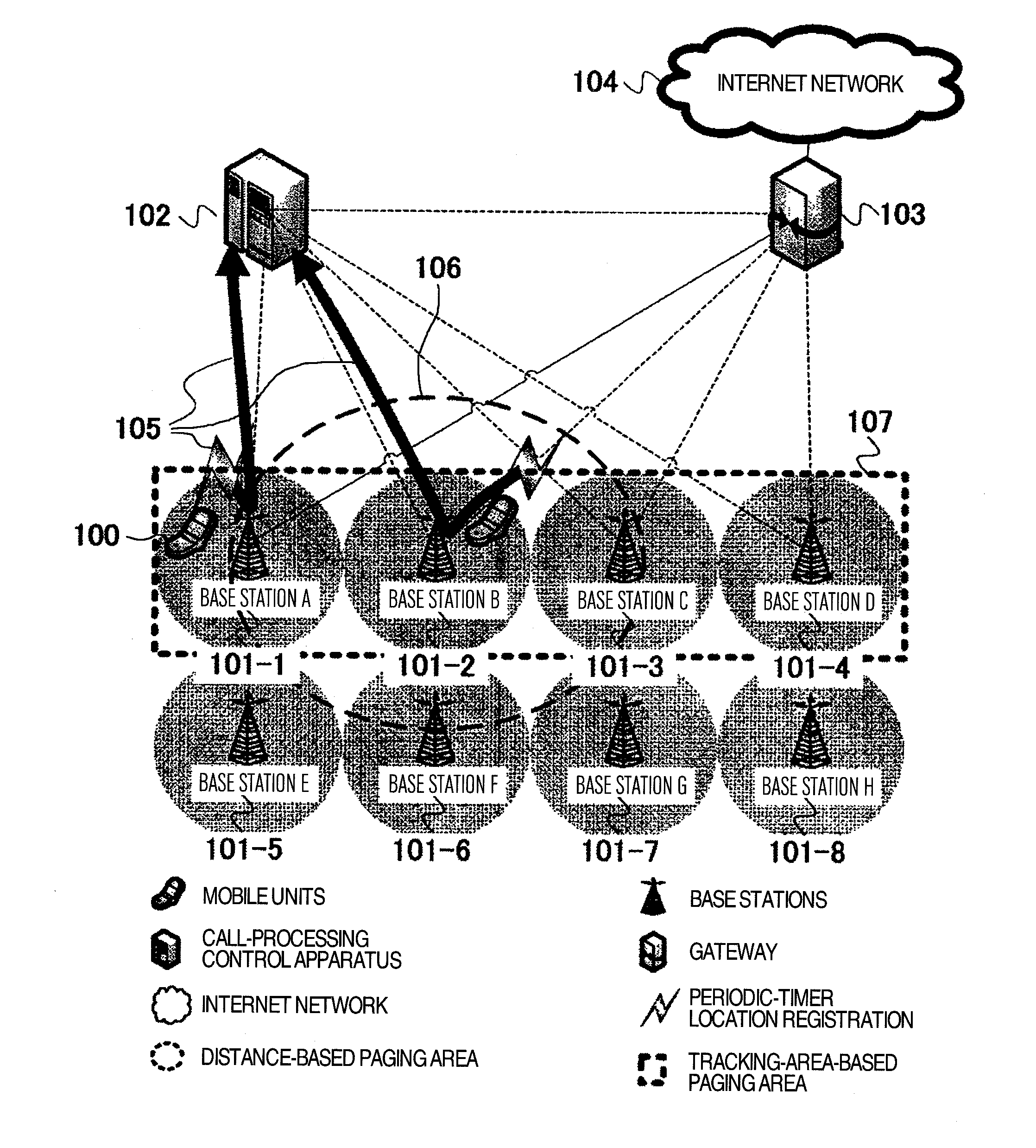 Mobile communication system, paging-area determination method and call-processing control apparatus in mobile communication system