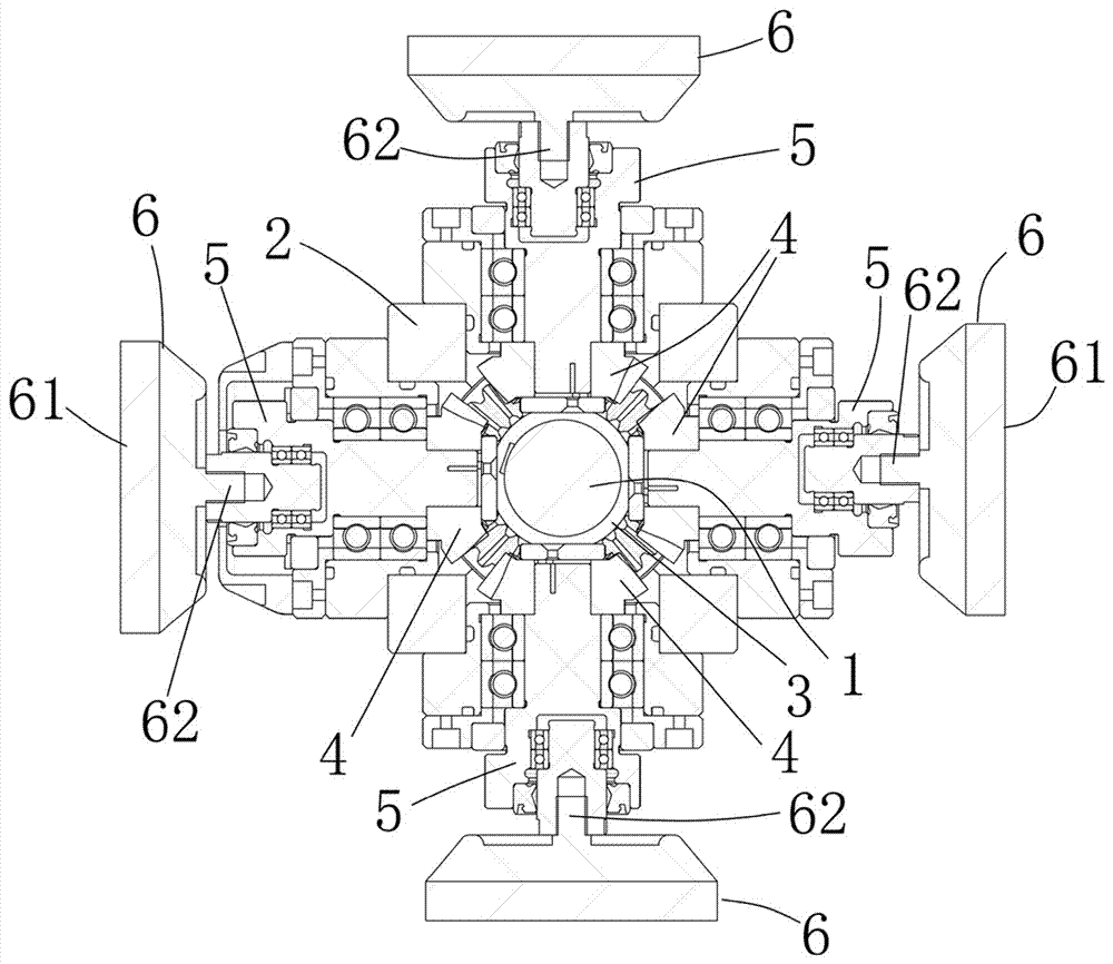 Structure adopting bevel gear set for driving four-sided grinding heads and polishing head with same