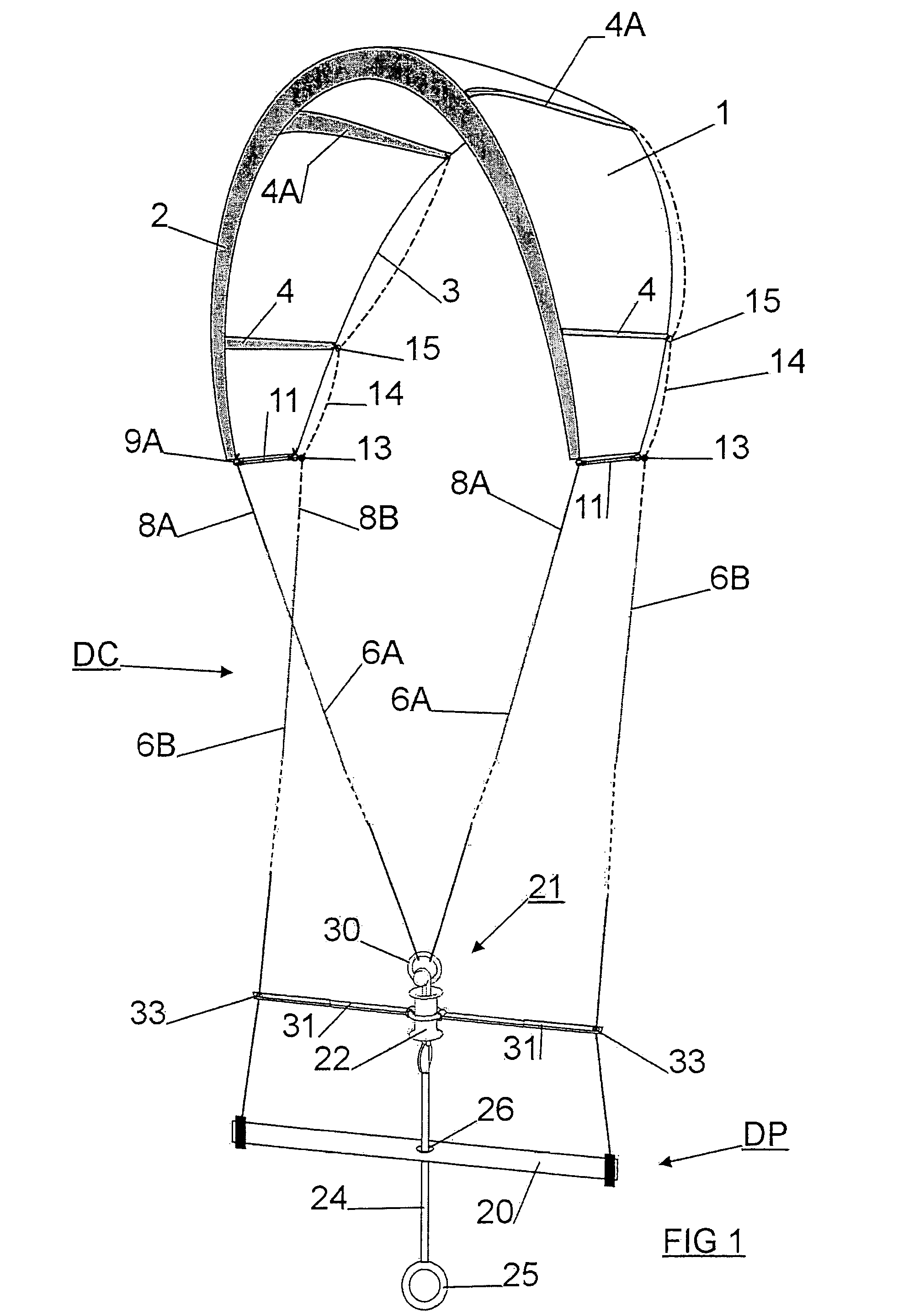 Control and fixing device for the sail of a kite