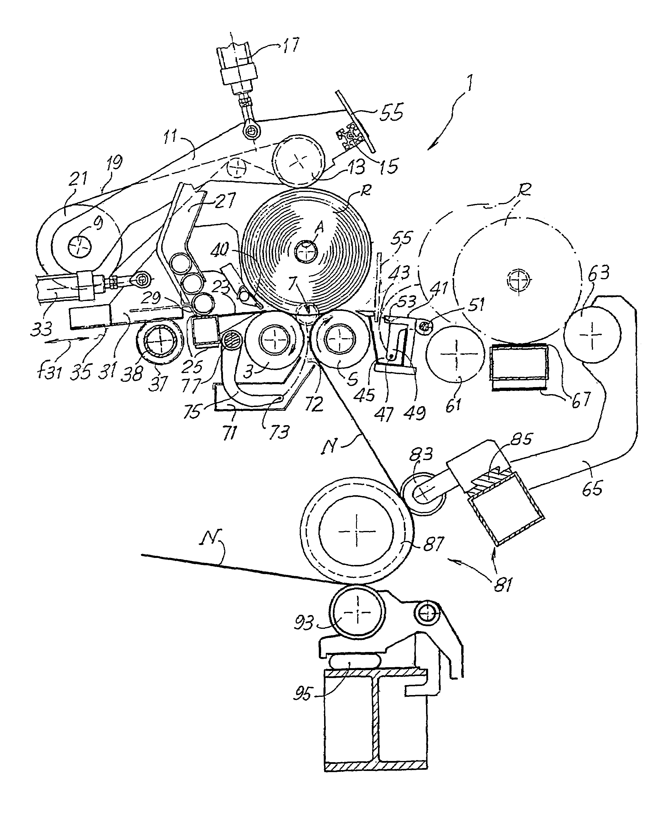 Rewinding machine to produce logs of web material and relative winding method