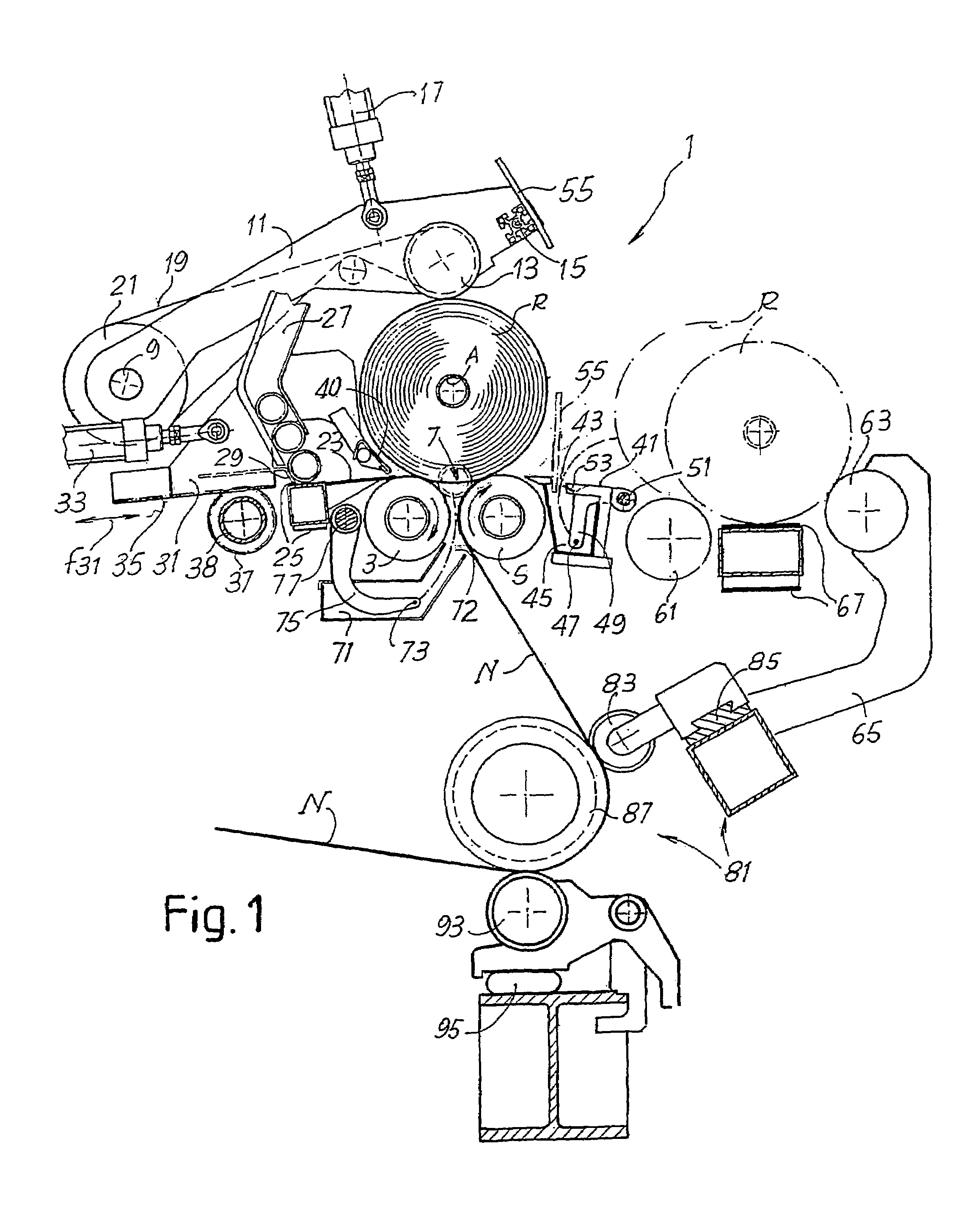 Rewinding machine to produce logs of web material and relative winding method