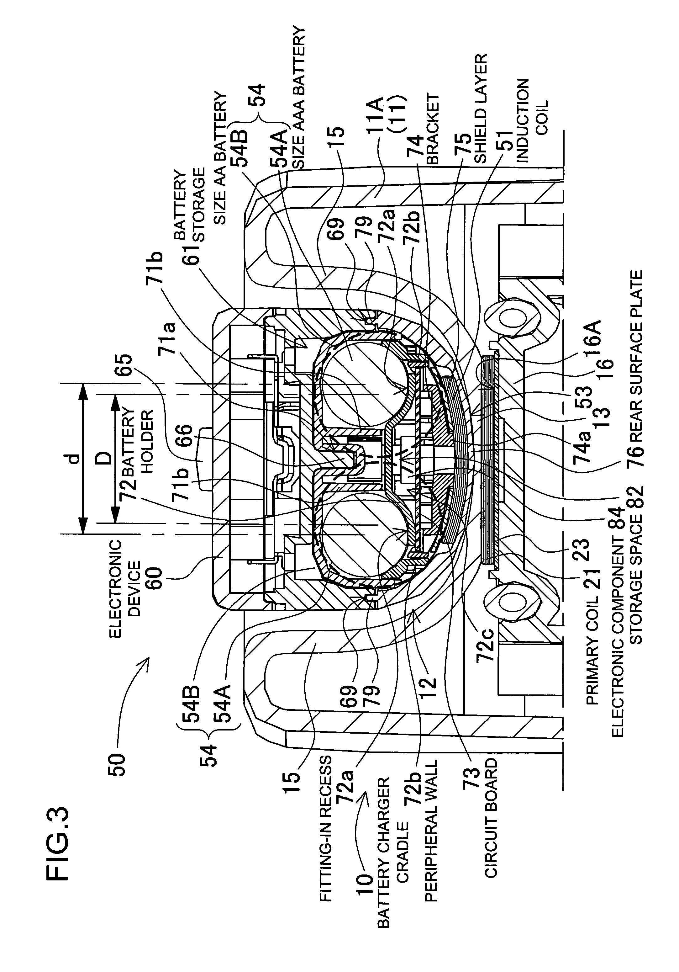 Substitute battery pack including a case to accommodate a smaller battery type with an induction coil to facilitate charging