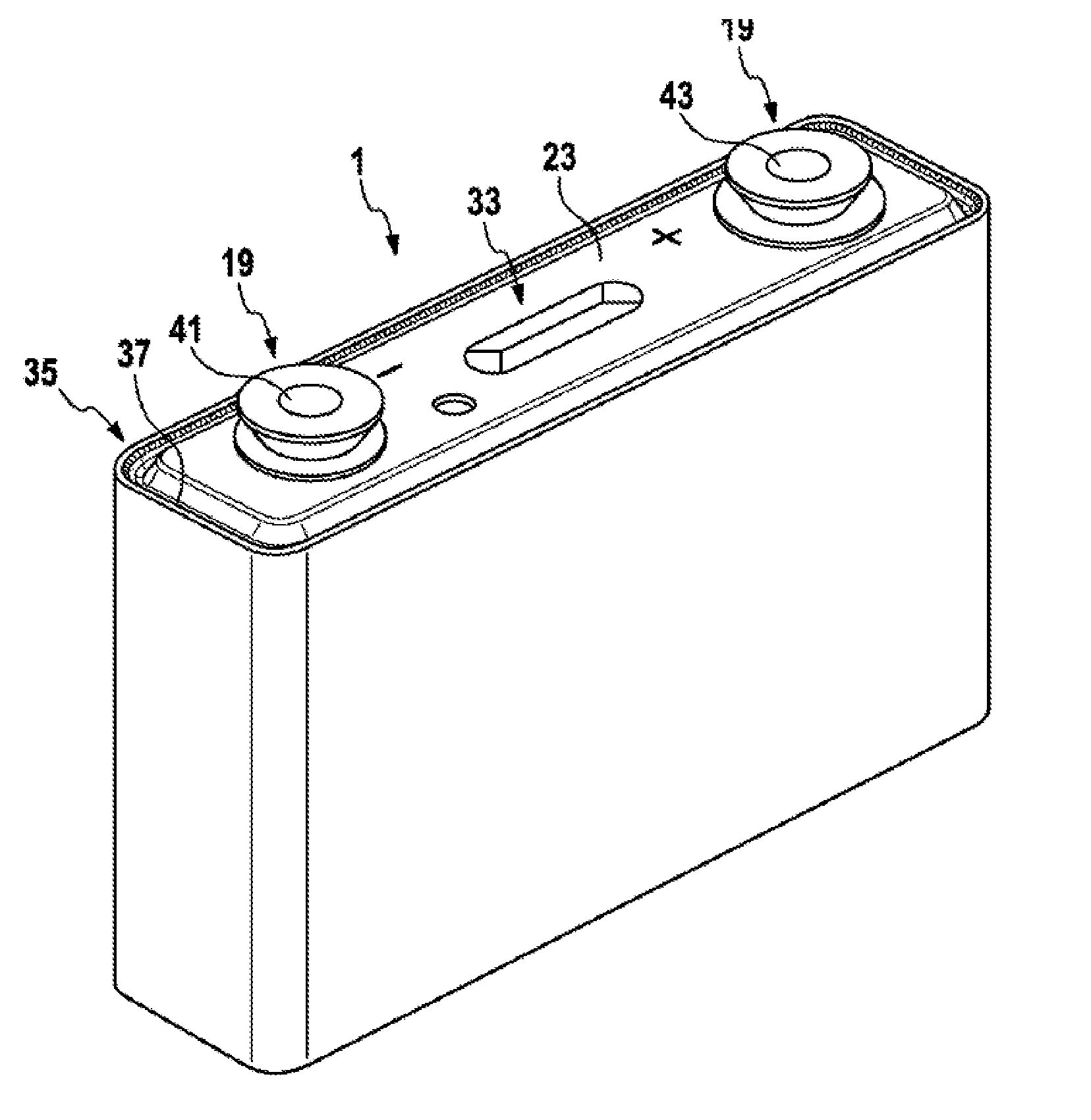 Battery cell comprising a housing covering plate having a raised central region