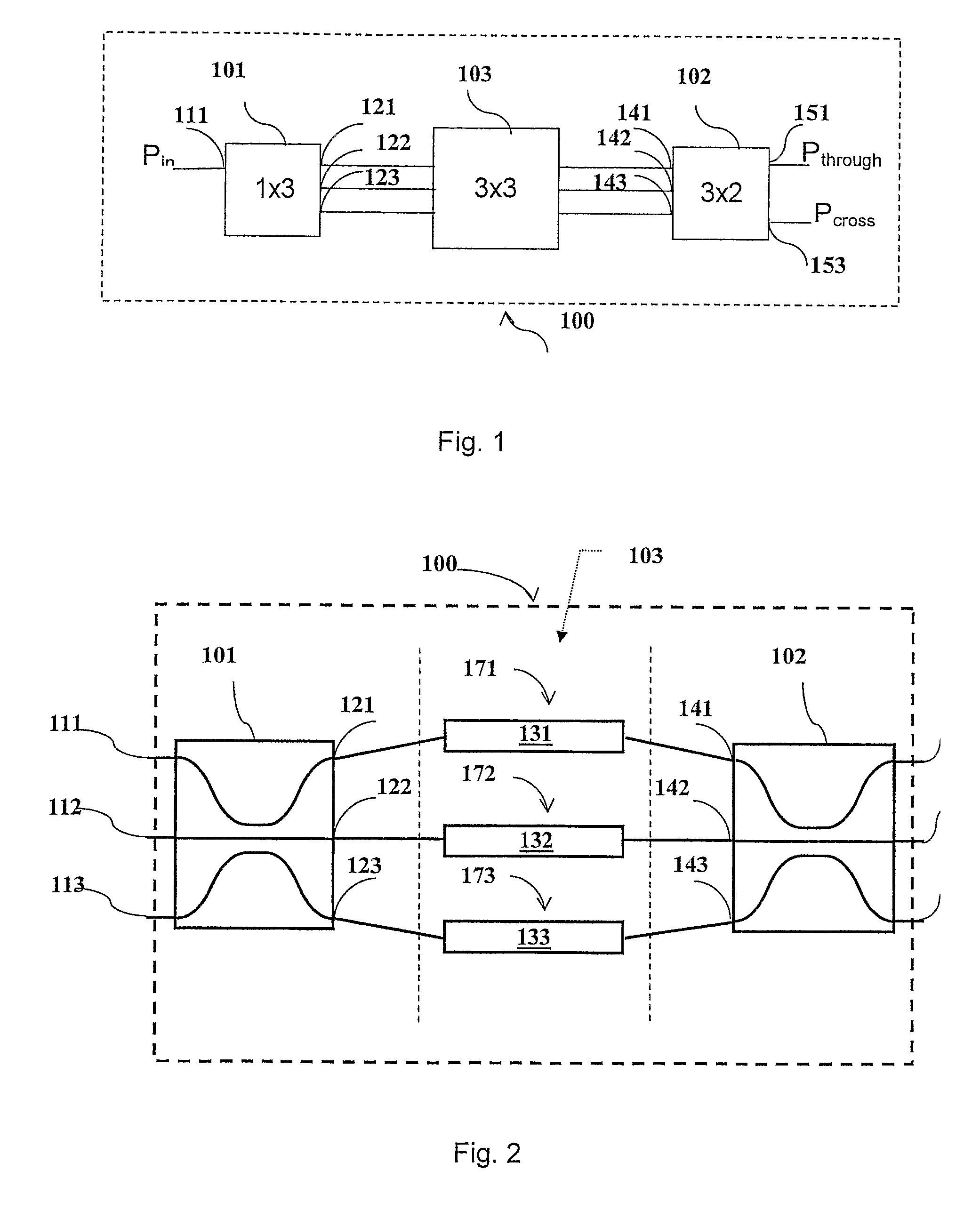 Optical band splitter/combiner device comprising a three-arms interferometer